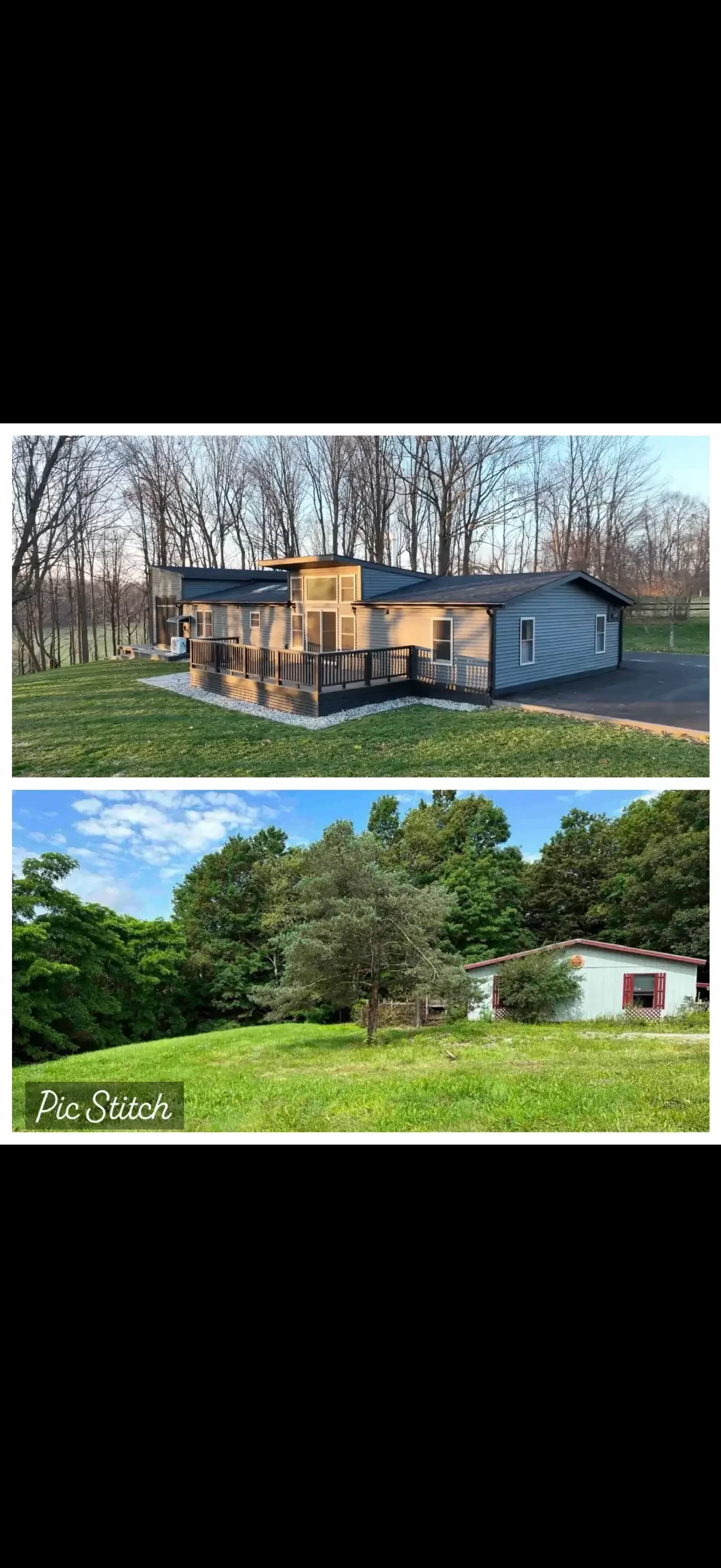Comparison of two houses, the first is a modern, multi-story house with a deck, surrounded by trees on a grassy plot, and the second is a small, single-story house in a grassy area with lush trees in the background.