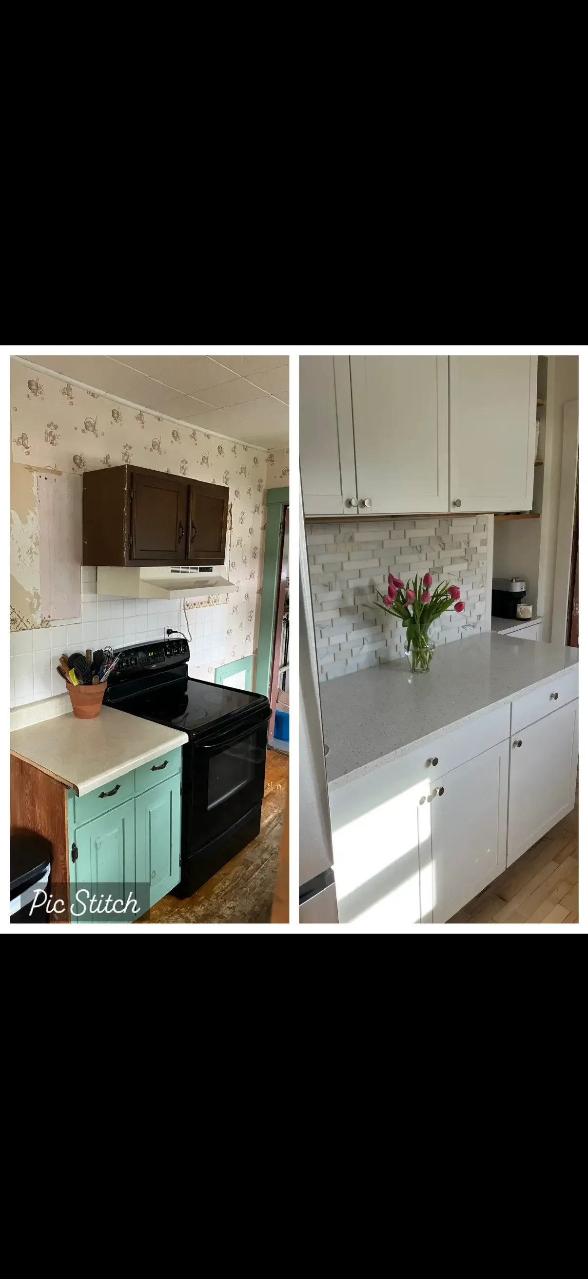 Side-by-side comparison of a kitchen before and after renovation. The left image shows an older kitchen with worn wallpaper, brown upper cabinets, a black stove, and checked floor. The right image depicts a modernized kitchen with white cabinets, a l