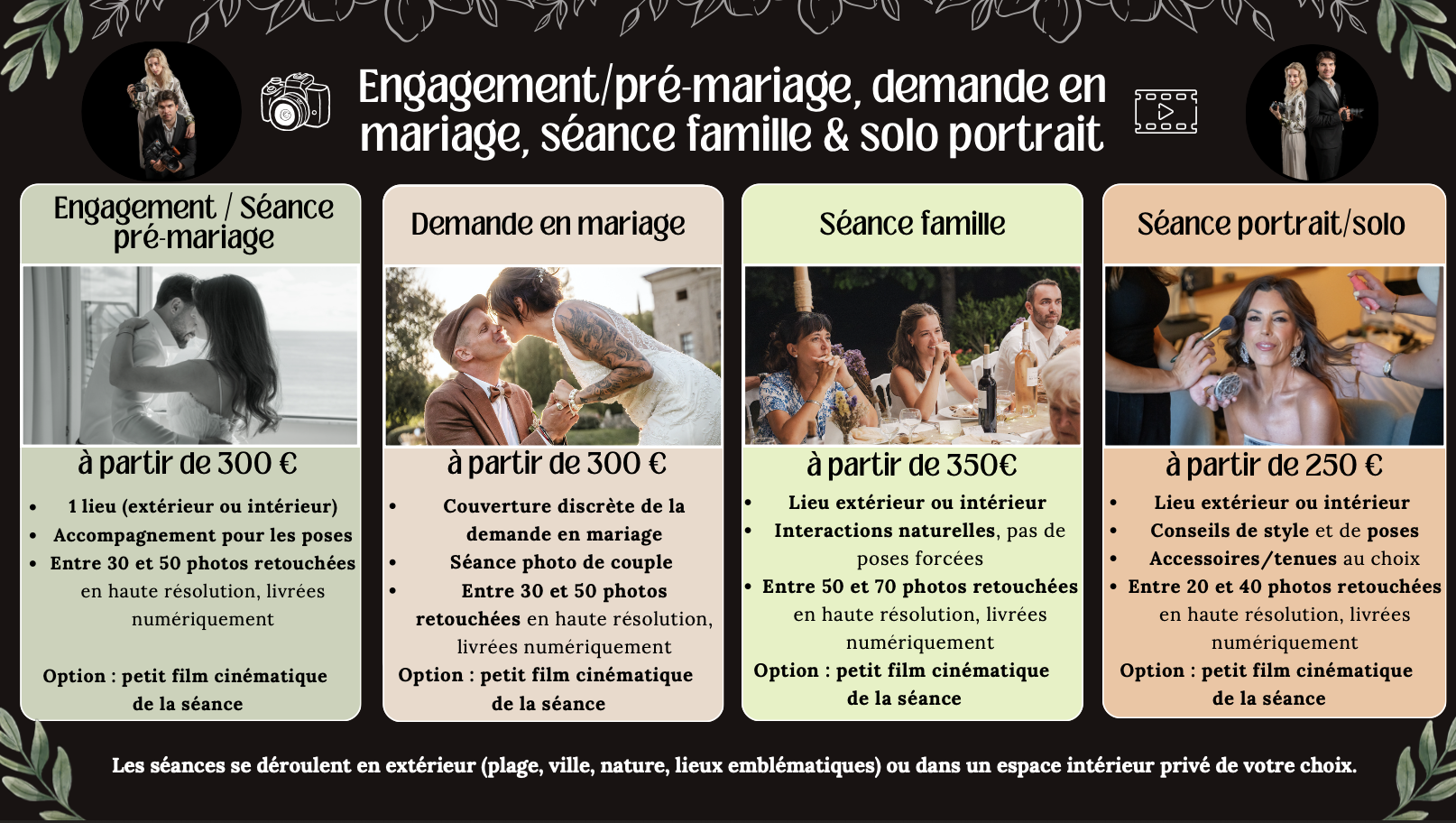 Affiche promotionnelle pour sessions photographiques: engagement/pré-mariage, demande en mariage, séance famille, séance portrait/solo, avec informations sur prix, lieu, prestations, options et mentions complémentaires.