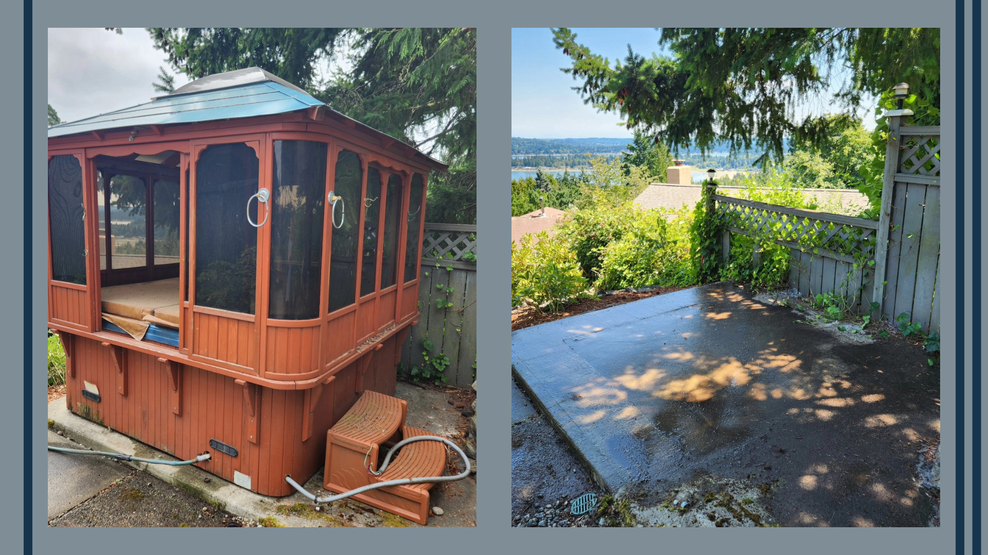 A side-by-side comparison of a porch hot tub and a freshly poured concrete patio. The hot tub is encased in a wooden structure with screens and is heated with a cover nearby. The patio is surrounded by a wooden fence with greenery and views of a dist