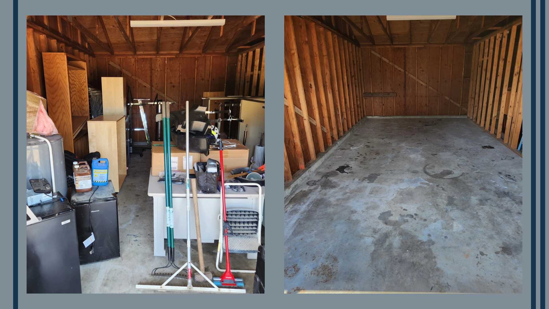 Left side of image shows cluttered garage with various tools, boxes, and furniture, while the right side shows an empty, unfinished garage with a concrete floor and wooden wall framing.