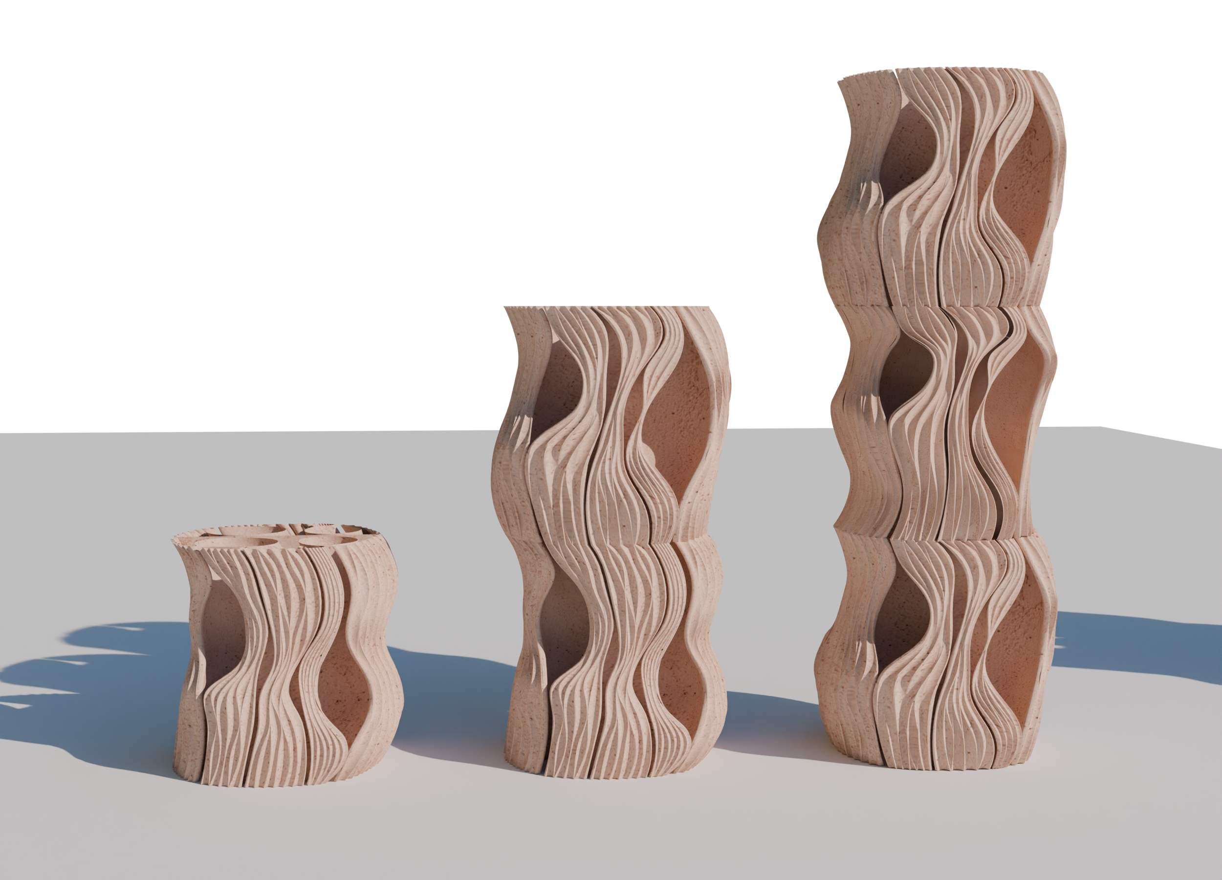 Three sculptural furniture pieces with wavy, organic designs, made of a material resembling wood or ceramic, placed on a white surface against a black background.