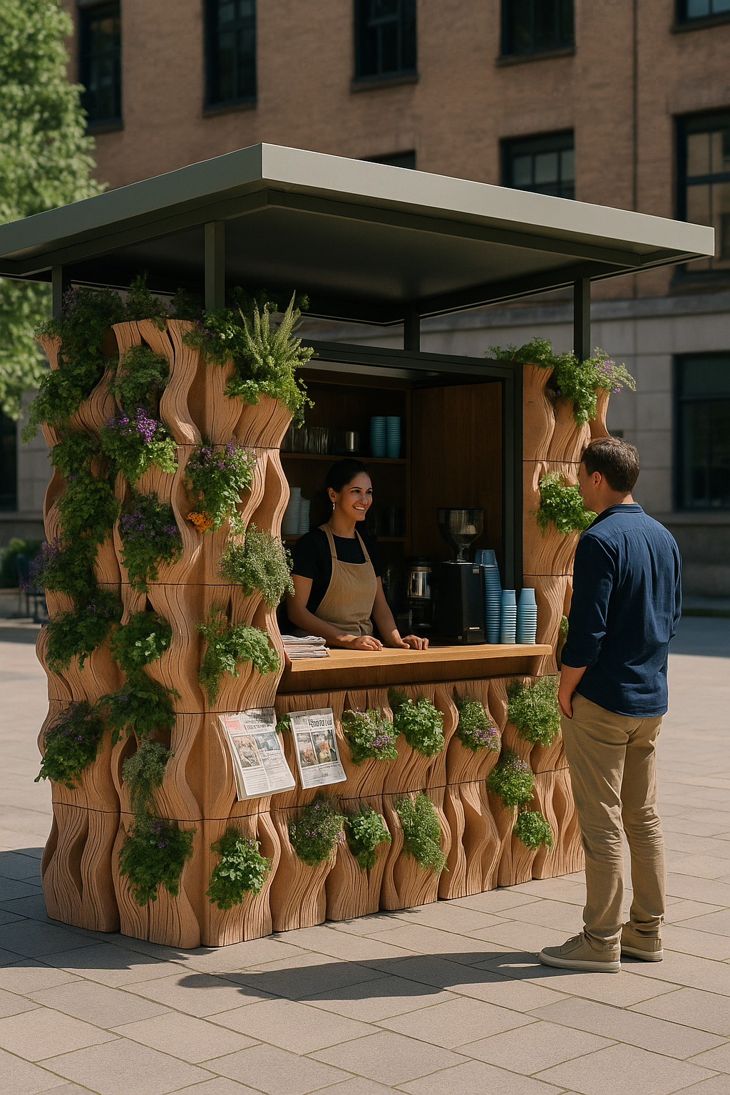 A man is ordering coffee from a woman at an outdoor coffee stand designed like a wooden tree with plants, set against a city backdrop.