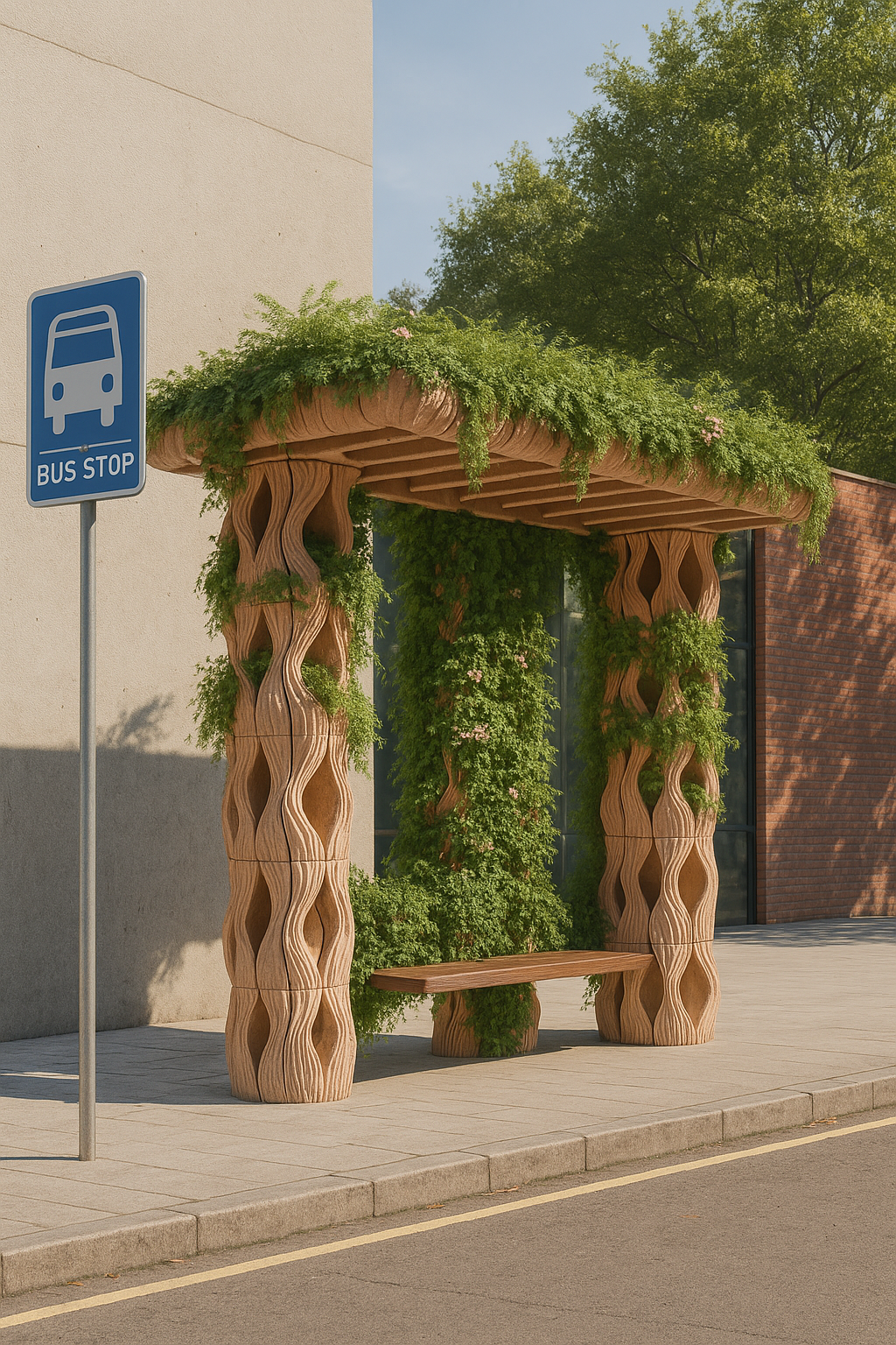 A bus stop shelter made of wavy wooden columns with green plants and branches on top, located on a sidewalk next to a building, with a blue bus stop sign nearby.