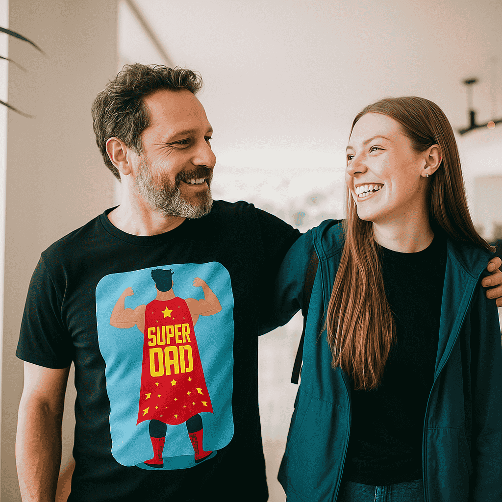 Father smiling at daughter indoors, wearing a black Super Dad T-shirt with red cape graphic by Feoby UK.