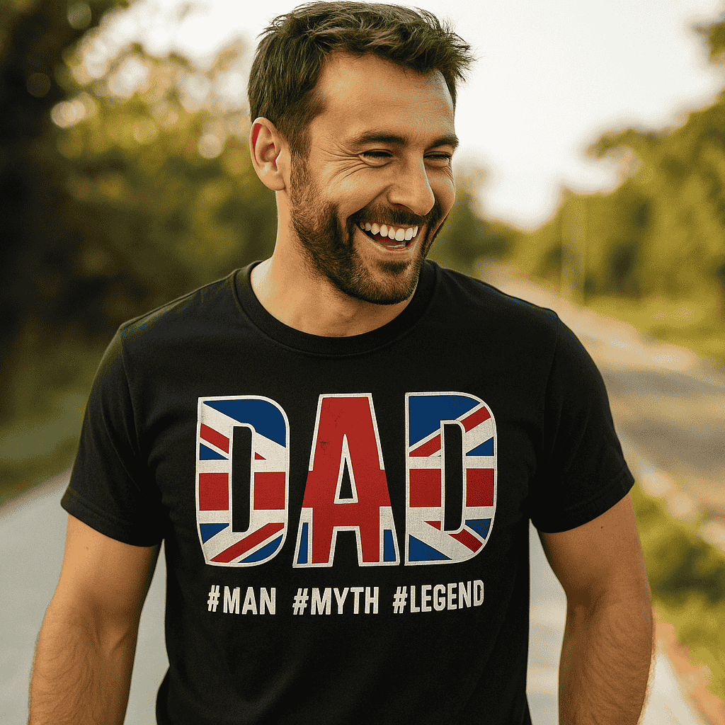Man laughing outdoors wearing Union Jack DAD shirt with #Man #Myth #Legend below in white.