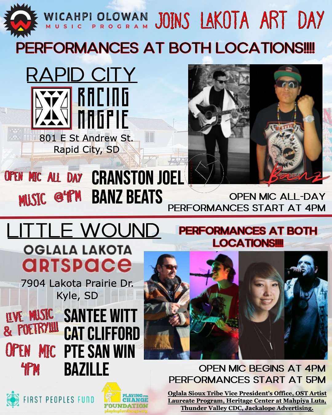 Very excited that this year the #WicahpiOlowanMusicProgram will be joining Lakota Art Day programming again, this time in both locations!! @racingmagpie in Rapid City & #OglalaLakotaArtspace in Little Wound
Both will have an open mic, and then ch