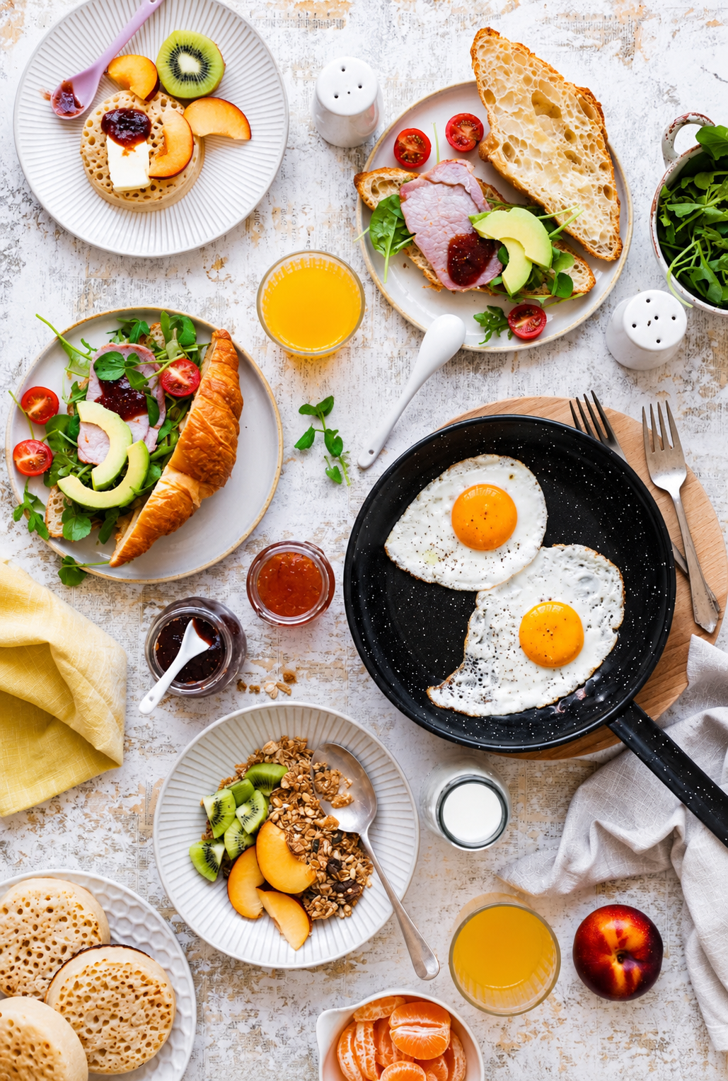 A breakfast spread featuring two sunny side up eggs in a black skillet, a croissant sandwich with turkey, avocado, cherry tomatoes, and greens, a plate with fresh fruit including kiwi, peaches, and granola, a bowl of salad with greens, cherry tomatoes, radish slices, and a croissant, a small jar of jam, a glass of orange juice, a cup of milk, slices of bread, and a bowl with sliced oranges and kiwi on a white textured table.