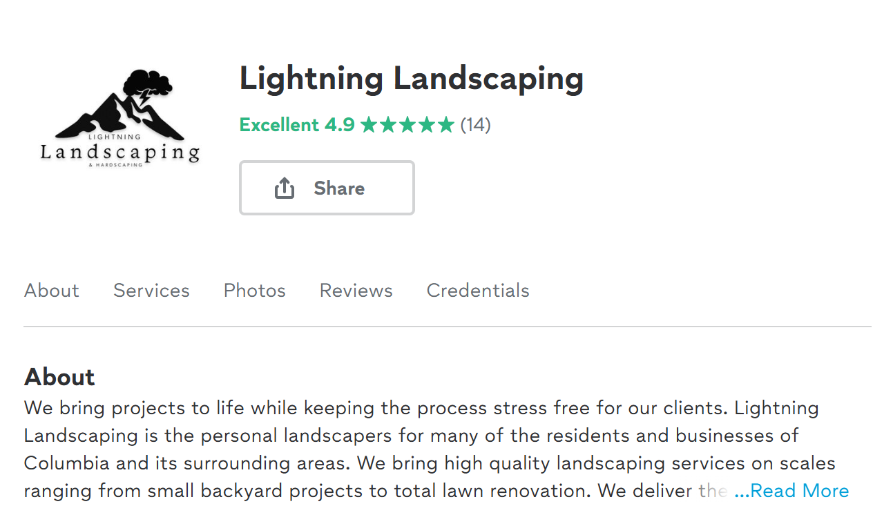 Profile for Lightning Landscaping on thumbtack profile showing an excellent 4.9 rating on thumbtack from real people