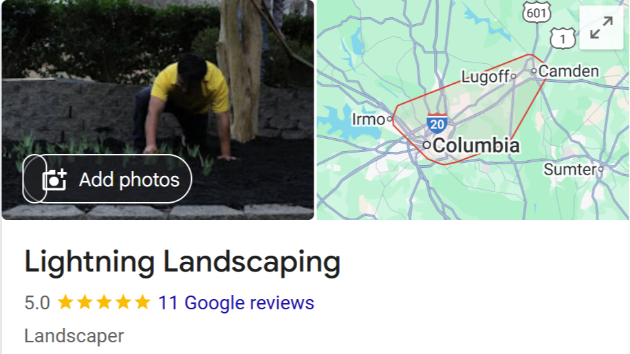 Google review page showing 11 five star reviews from real people for the business Lightning landscaping