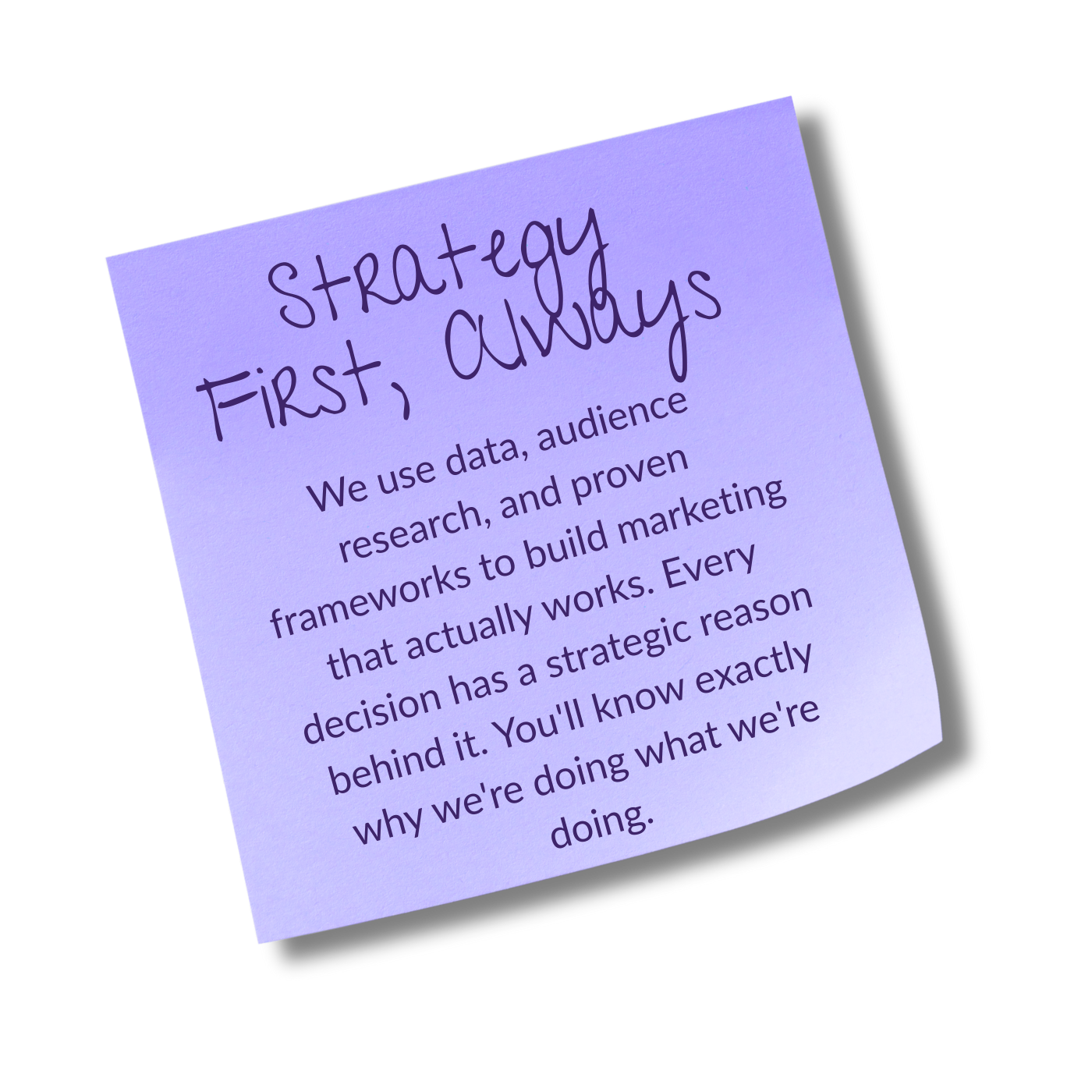 Purple sticky note with strategy first, always