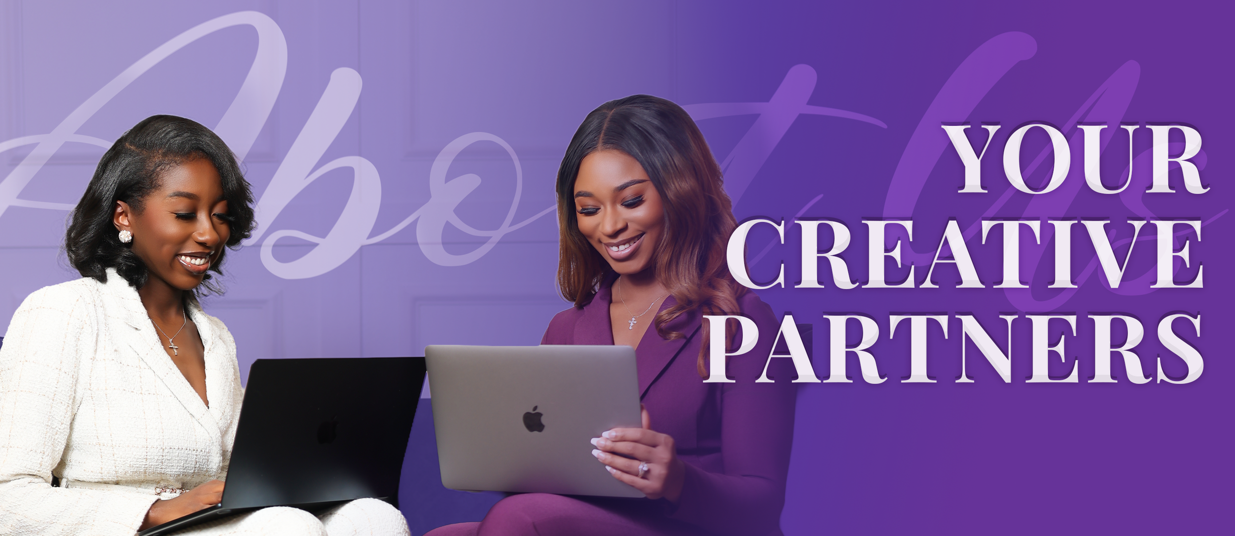 Two women smiling at their computers with purple gradient with your creative partners