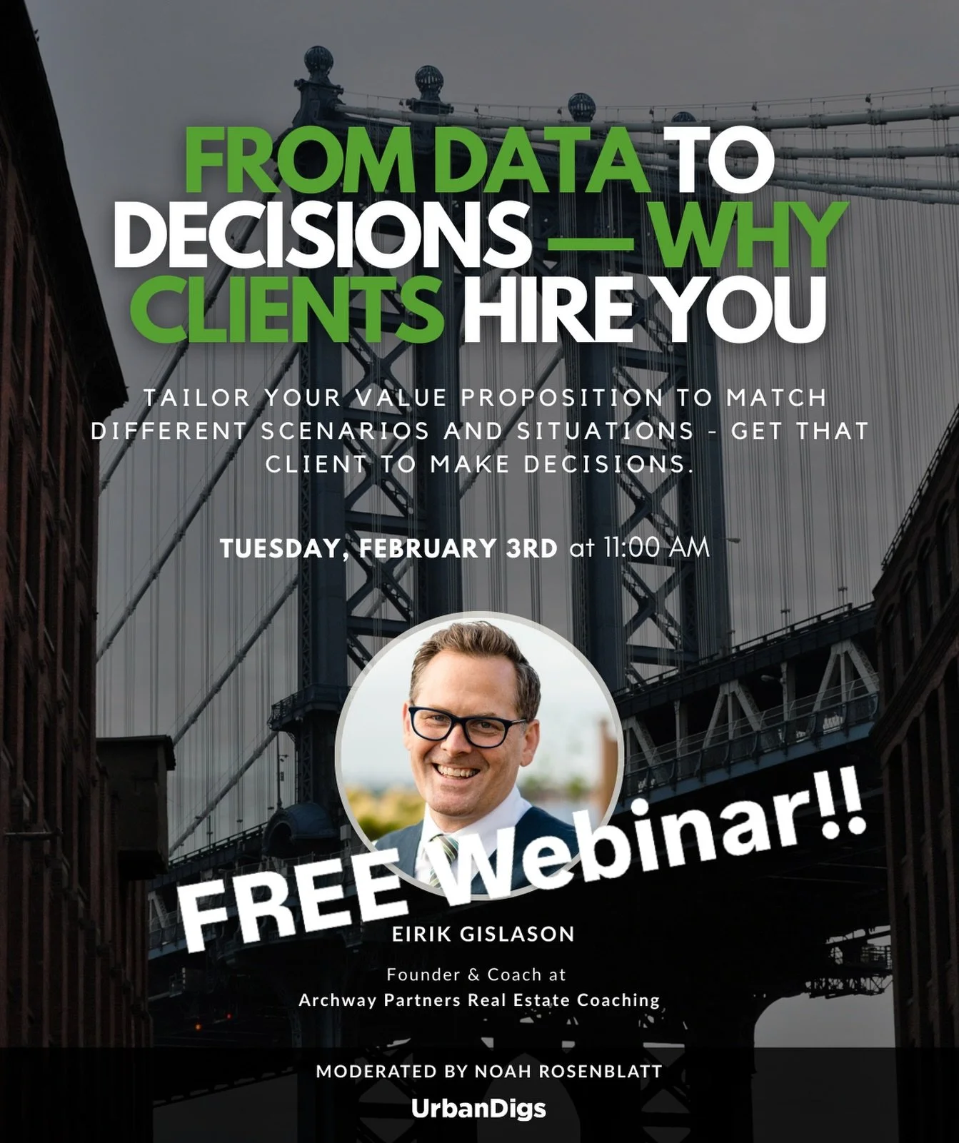 FREE Webinar hosted by UrbanDigs Tuesday, February 3rd, 11AM!
 
Zoom registration link. 
https://us02web.zoom.us/webinar/register/WN_q4trX0T9RsuyE_HG7Efb1g

Data can be a SUPERPOWER for agents in a negotiation. Understanding how to tranform data from