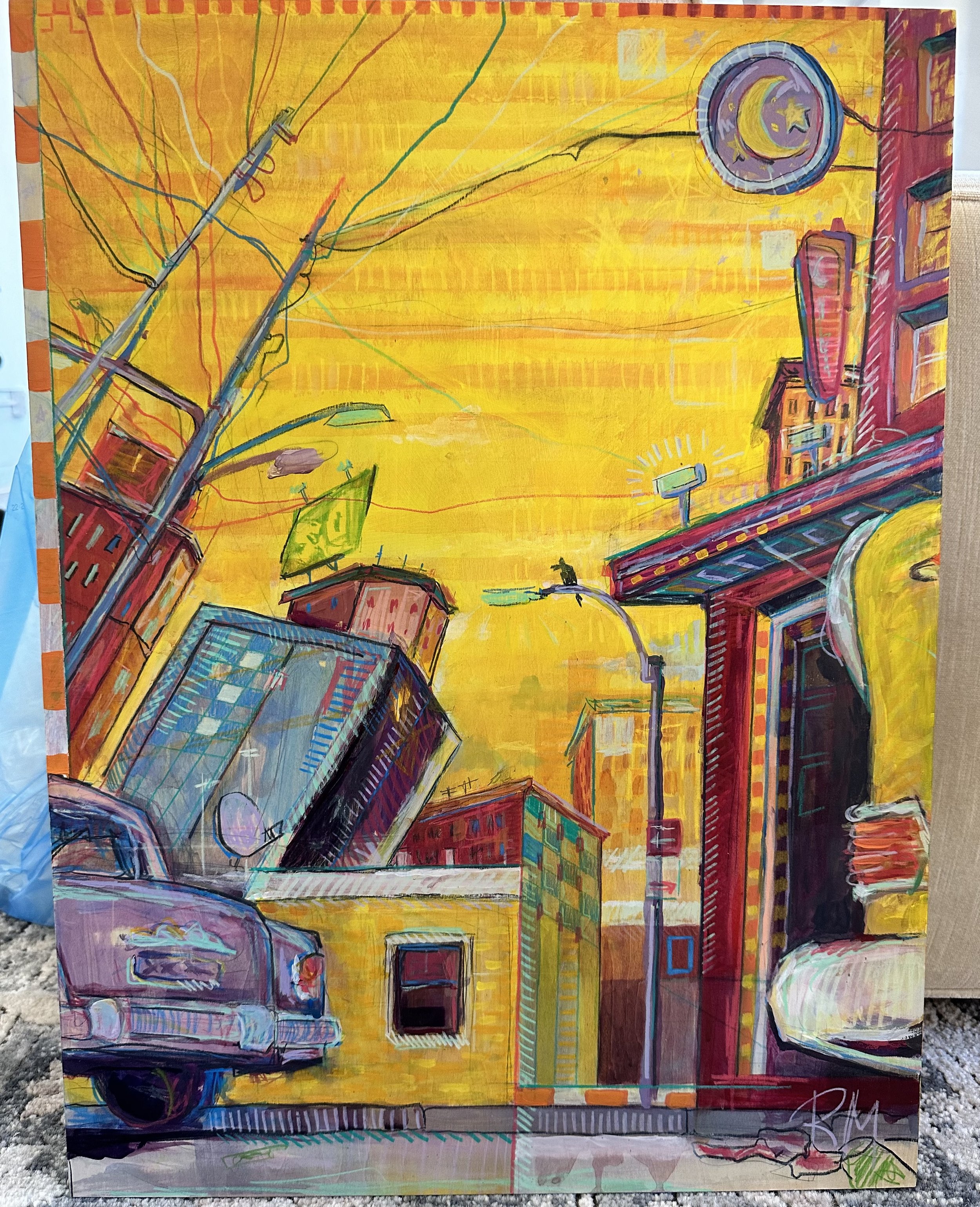 Rachel Mondshine, Glow Jam, 2024.
Mixed Media on Wood, 24 x 17”