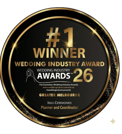 Gold and black circular award badge for wedding industry, indicating first place with the number 1, winner of the wedding industry award at the 26th Australian Wedding Industry Awards, with details about the event and the planner and coordinator.