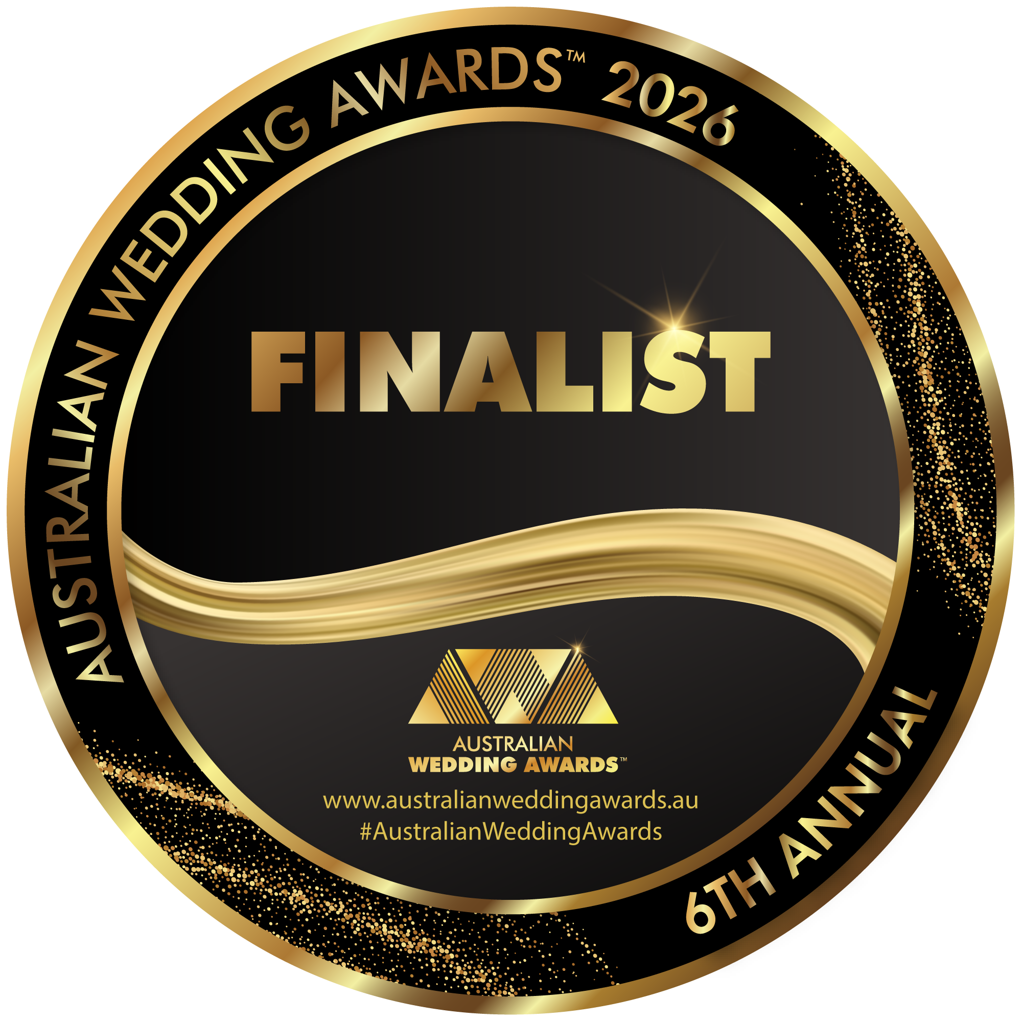Gold and black circular award badge with the text "Finalist" in the center, and "Australian Wedding Awards" at the bottom, celebrating the 6th Annual Australian Wedding Awards in 2026, featuring decorative gold accents and glitter details.