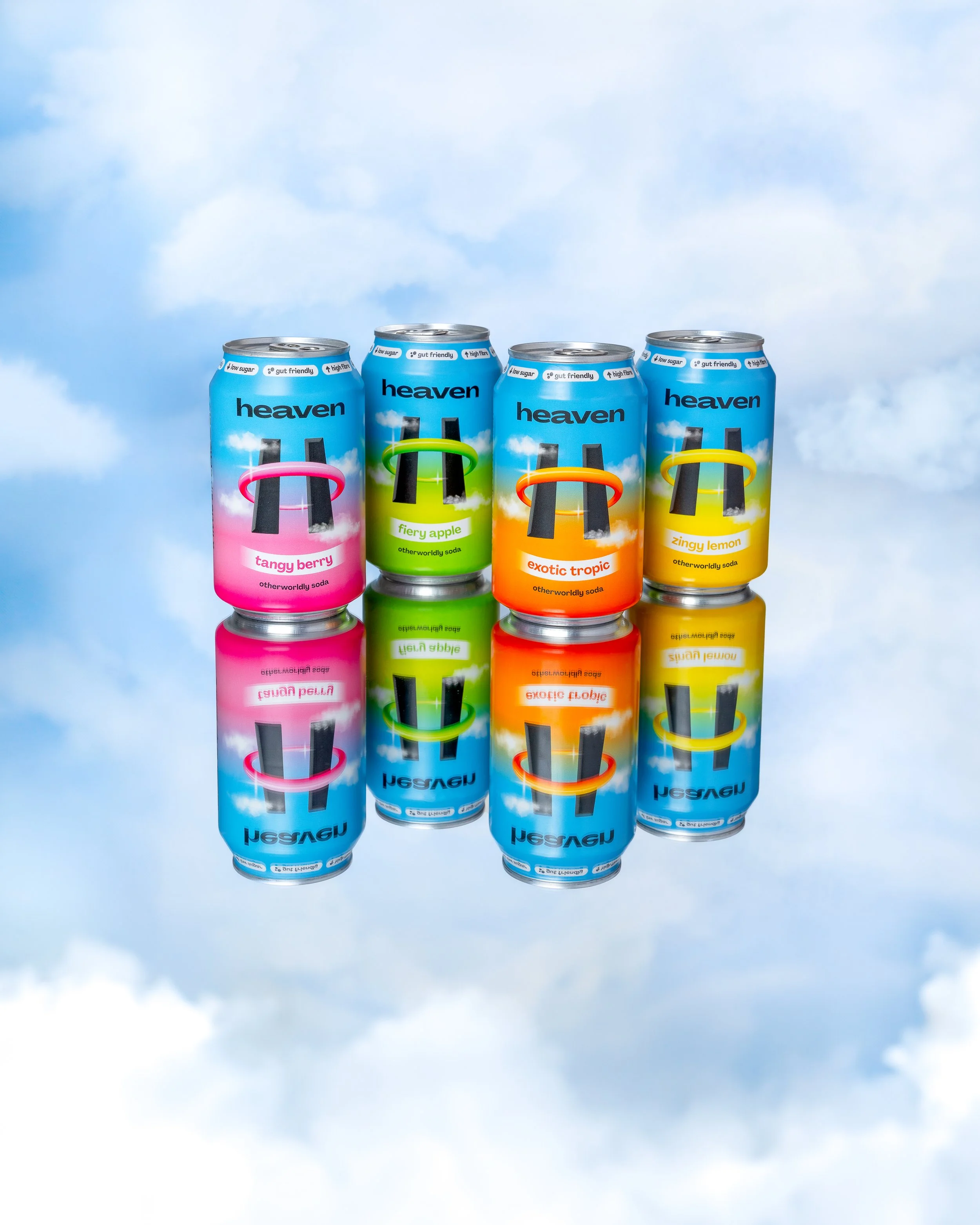 Six cans of soda with colorful labels, arranged in two rows reflecting on a surface, with a cloudy sky background.