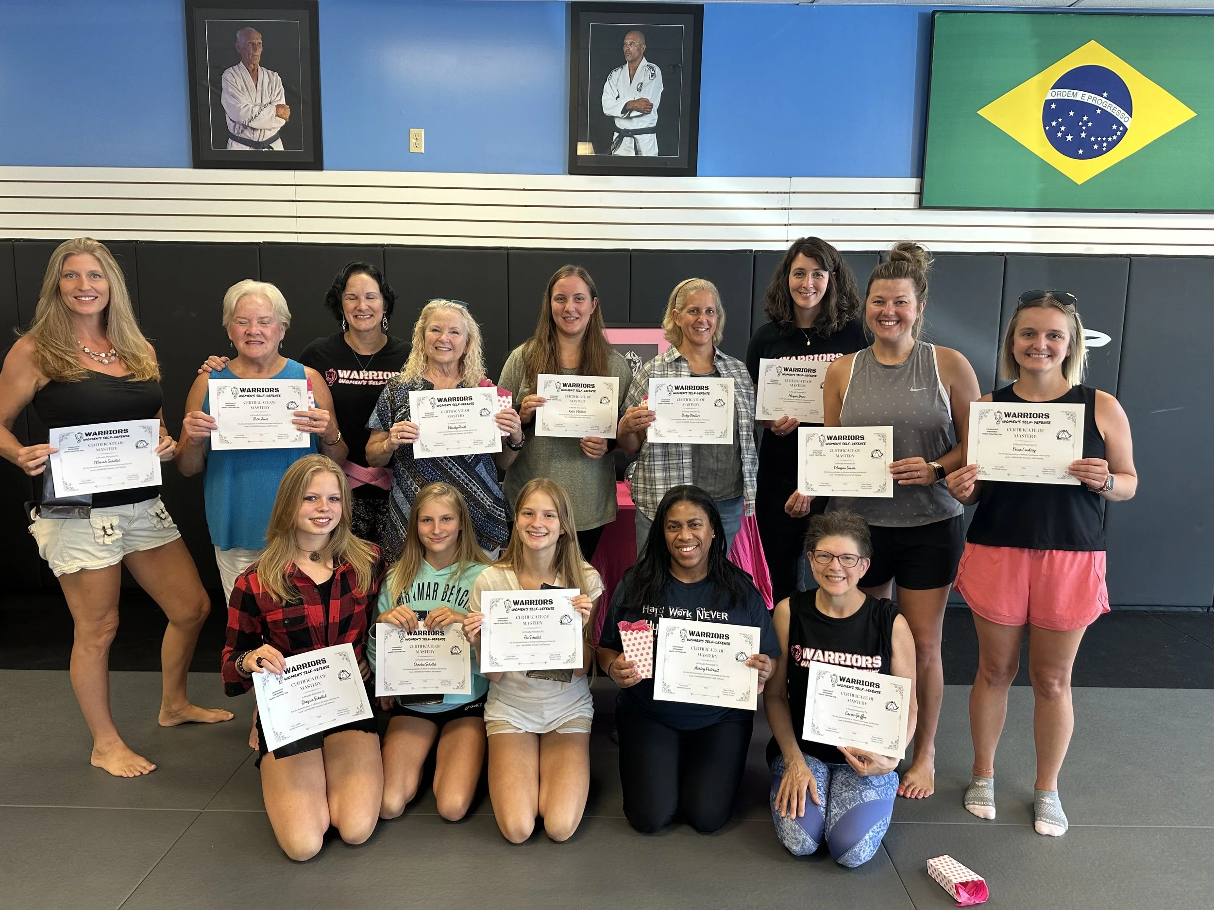 It is promotion day for our WARRIORS Women's Self-defense group as they work together to master self-defense skills using Gracie Jiu-Jitsu and Krav Maga.