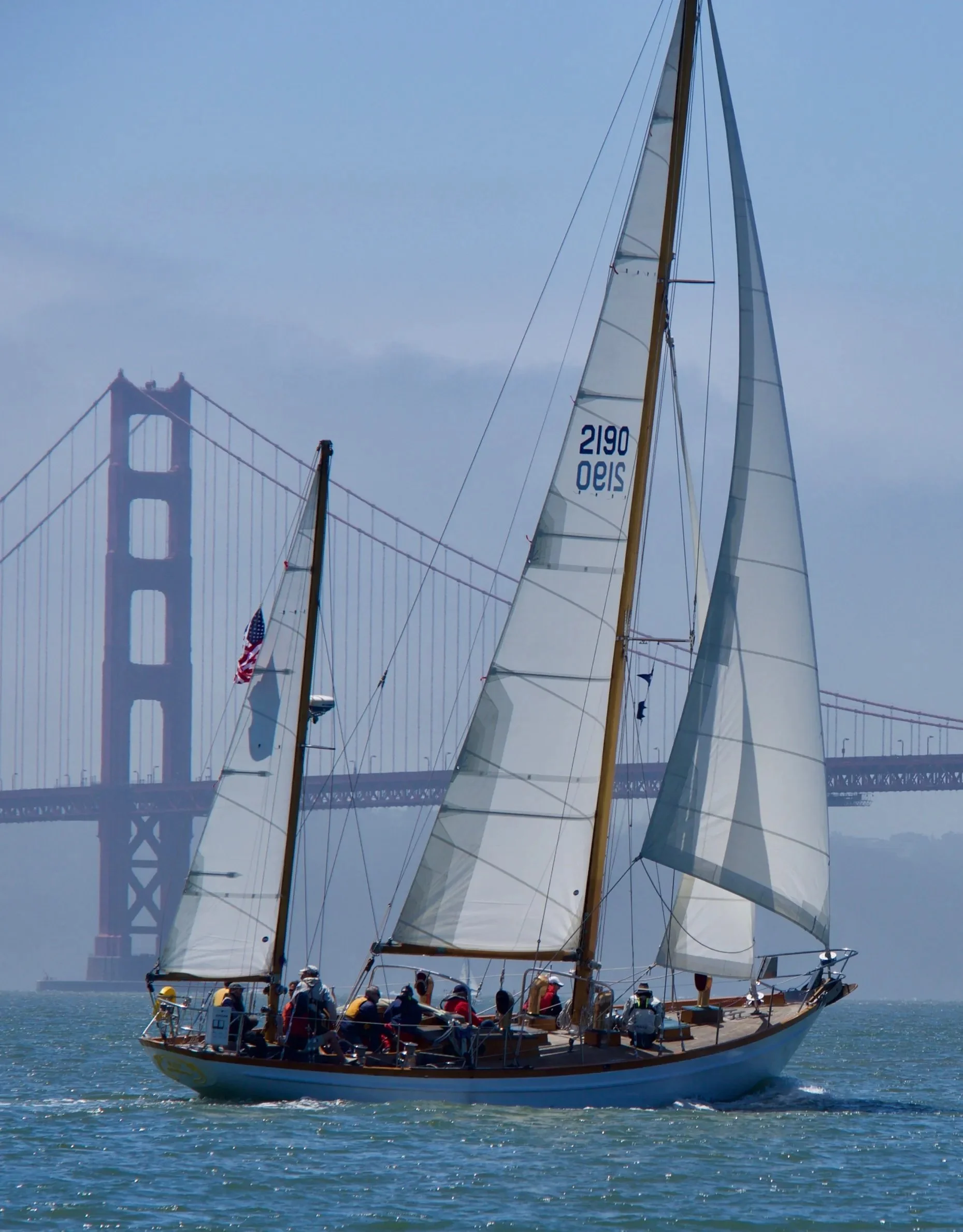 Sausalito's Neil Gibbs is set to compete in his first Belvedere Classic Regatta on June 11, 2022. Gibbs will race his restored wooden boat, Kay of Göteborg, shown here crossing the San Francisco Bay. (Courtesy of Neil Gibbs)