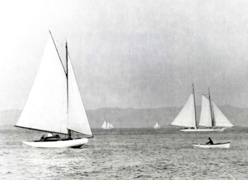 Sloop Annie & Schooner Chispa. Annie's mast was SFYC’s original flag pole and was the model for the current replacement. The only surviving souvenir from Annie is a halyard block trophy used for the annual SFYC Yachtsman of the Year award.