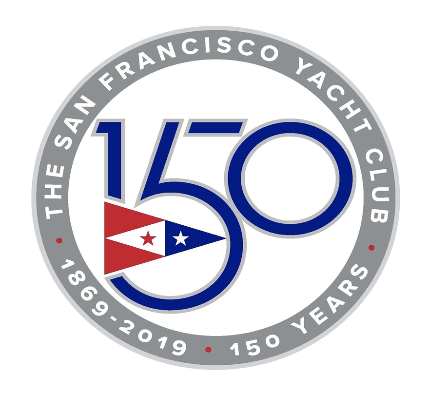 Logo celebrating the 150th anniversary of the San Francisco Yacht Club, established in 1869, with a large number 150 and a stylized yacht flag.