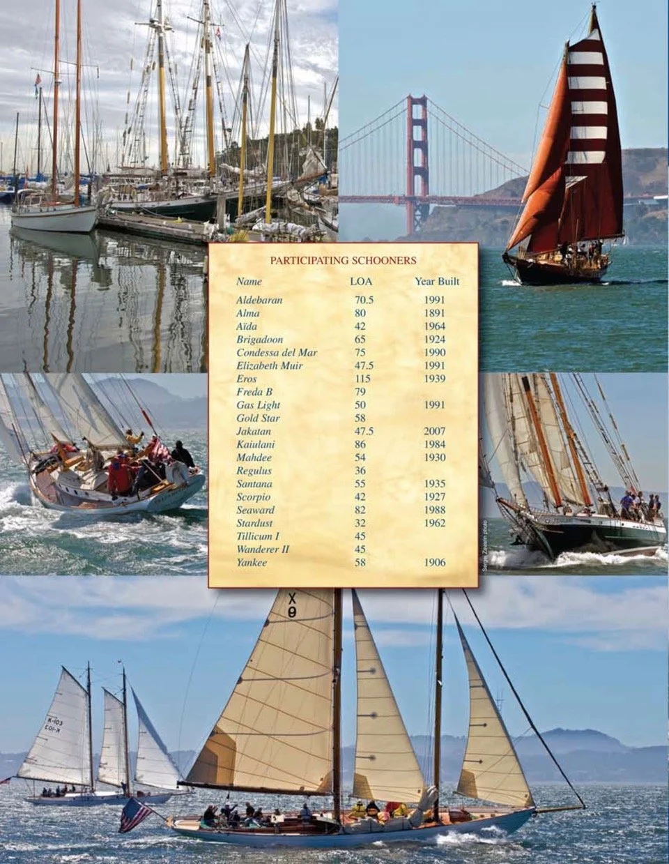 A collage of sailing boats and a list of participating schooners, showing images of various sailboats including large yachts, traditional schooners, and boats in motion with sails up, along with a list of schooner names, their length overall, and year built.