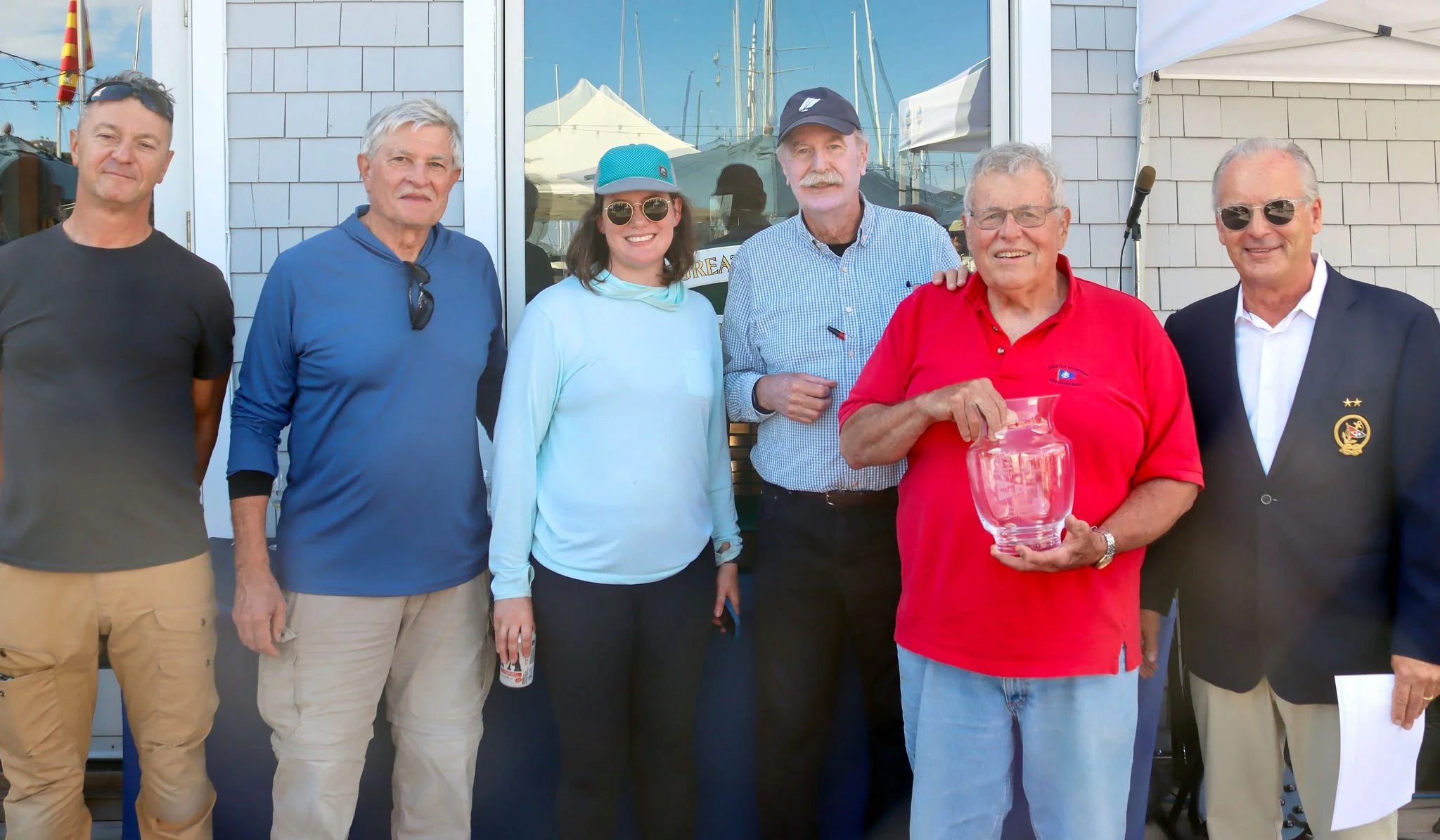 Jim Borger and the NEJA crew accepting first place in the Classics 1 division with SFYC Staff Commodore John Swain and Vice Commodore Jeff Cusack.