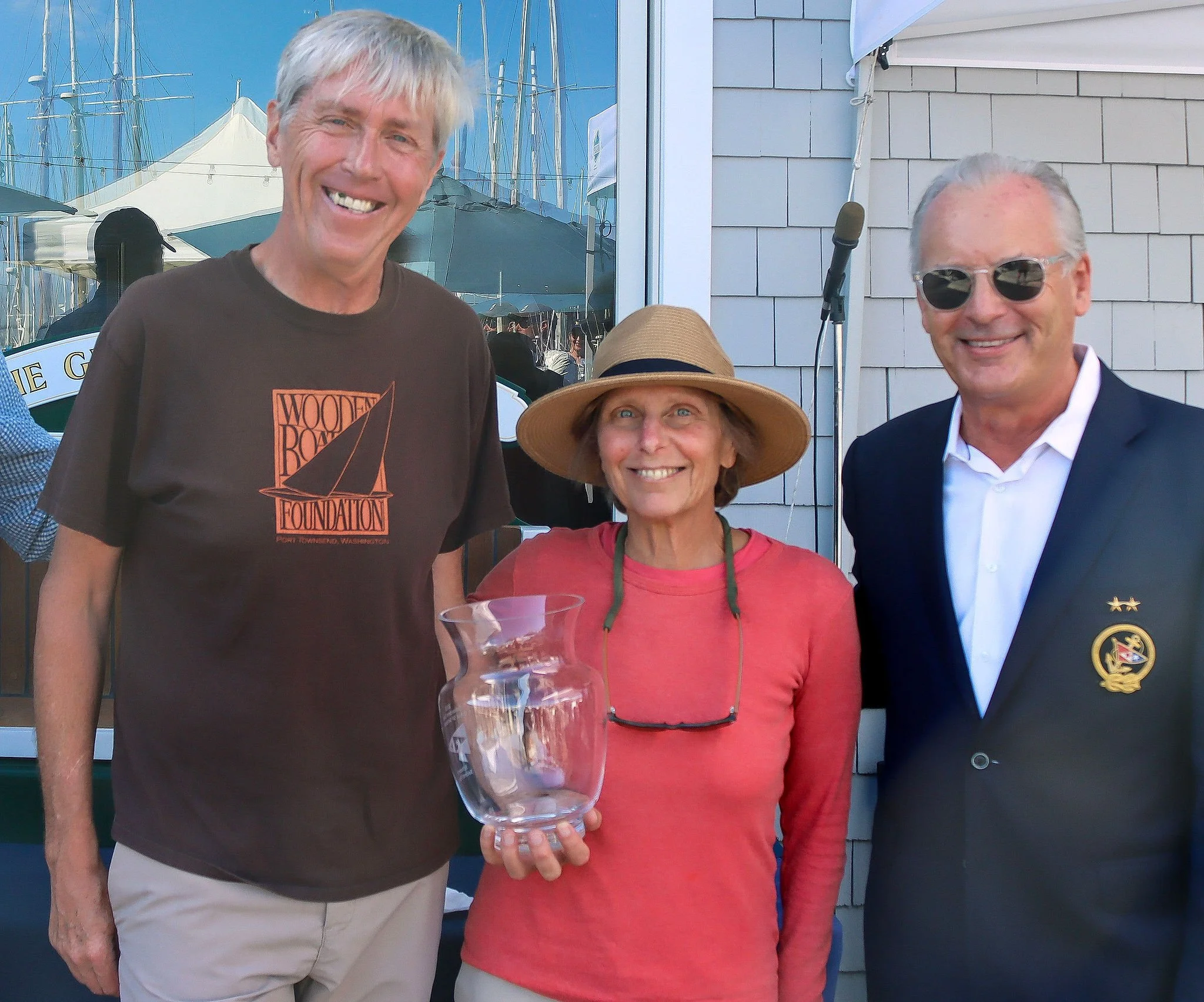 Jeff Hawkins and Janet Strauss who took second place in the Great Schooner Race on JAKATAN, with SFYC Vice Commodore Jeff Cusack.