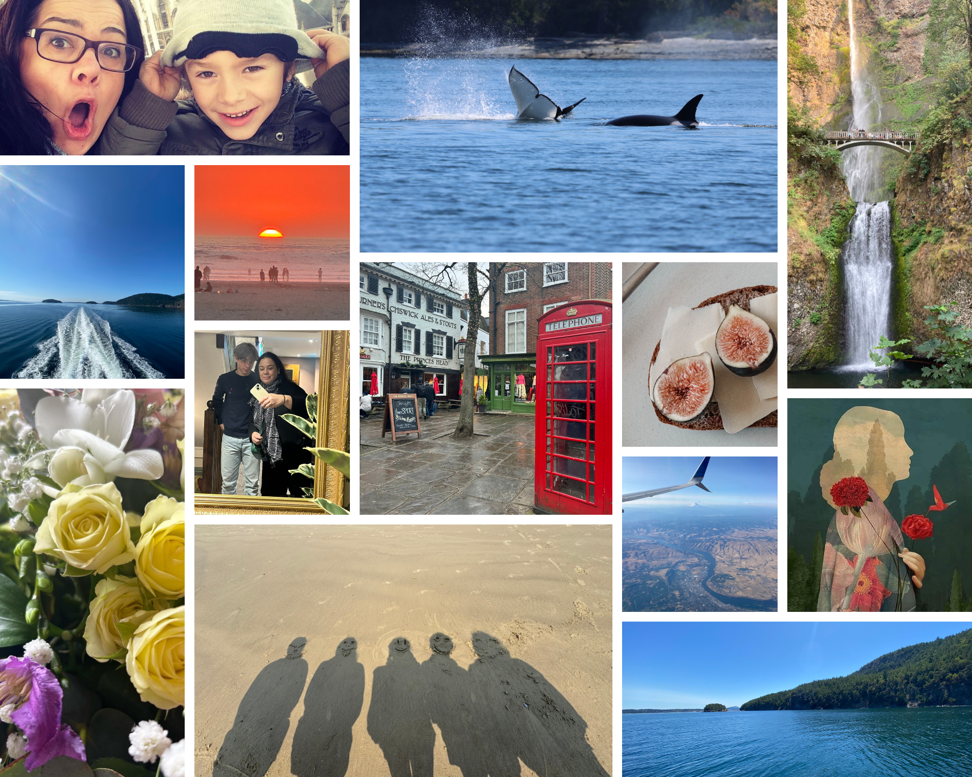 A collage of various scenes including two people making funny faces, orcas swimming and breaching the water, a scenic waterfall, a sunset on the beach, boat wake on the ocean, a close-up of figs, a person taking a photo in a mirror, a red telephone booth on a street, a collection of flowers, shadows of people on a sandy beach, and aerial views of rivers and lakes in natural landscapes.