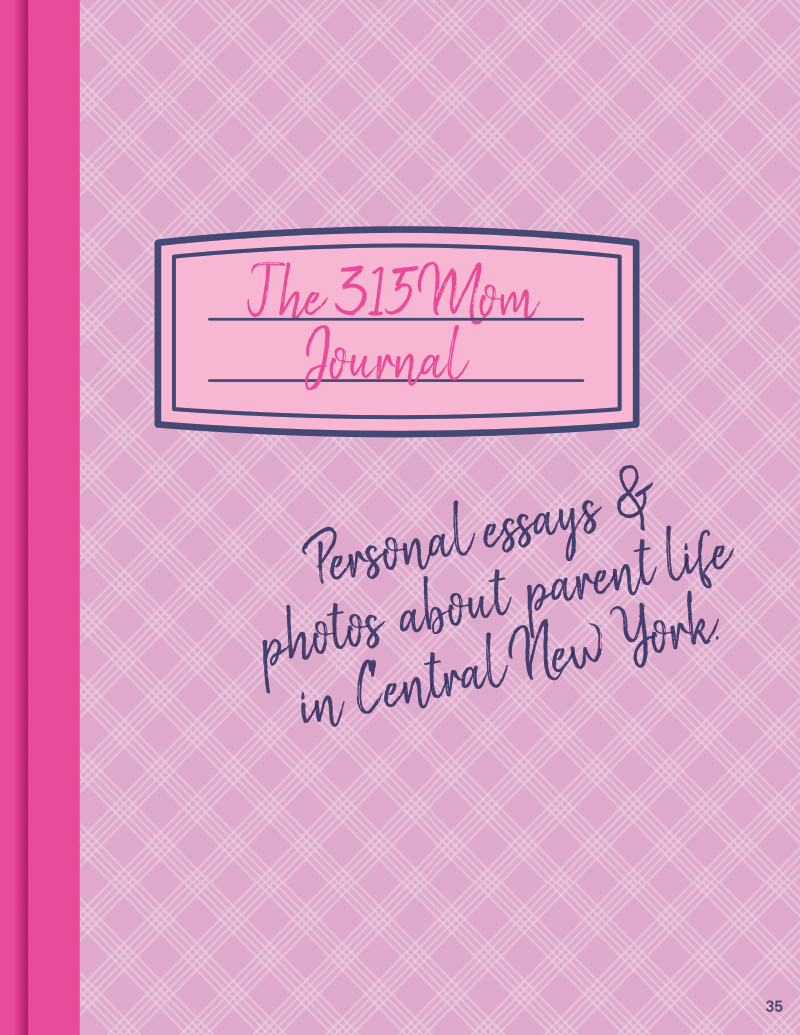 Pink journal cover with label "The 315Mom Journal" and text "Personal essays & photos about parent life in Central New York."