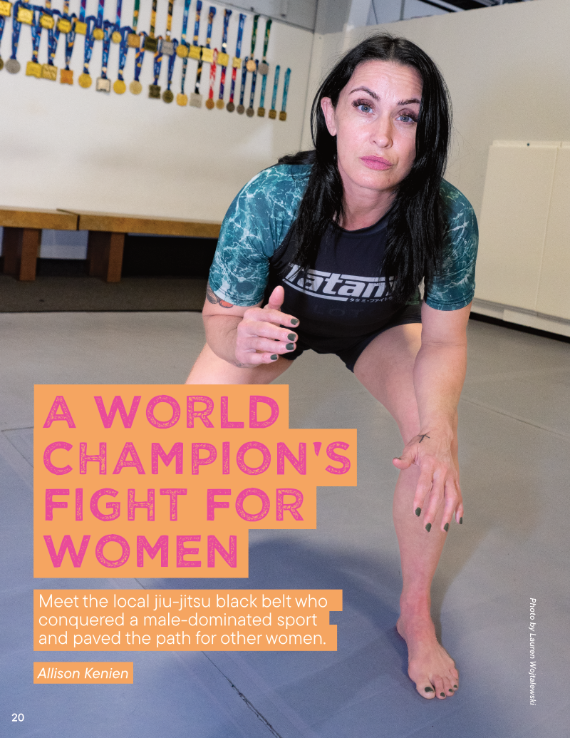A female jiu-jitsu athlete crouched on a mat, with multiple medals hanging in the background. Text overlay reads, "A World Champion's Fight for Women," introducing a story about a female black belt who succeeded in the sport and inspired other women.