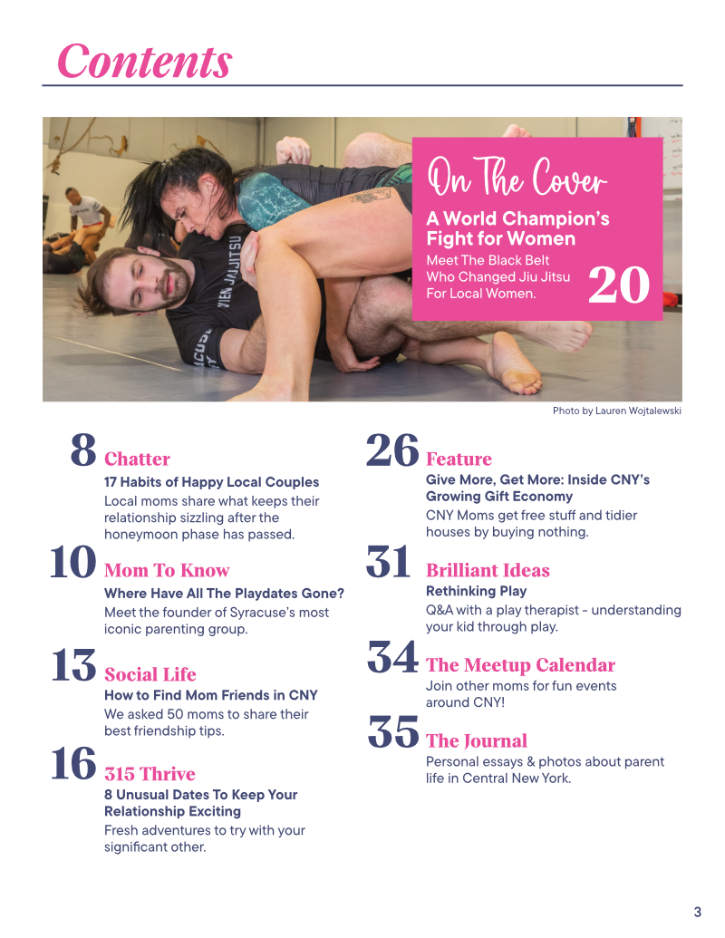 Magazine contents page featuring a Jiu Jitsu athlete on the cover. Topics include relationships, parenting, and social life tips.