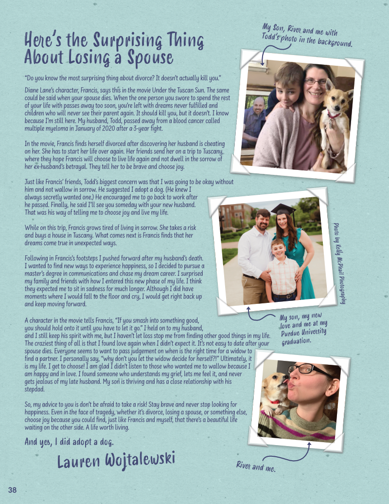 A magazine page titled "Here's the Surprising Thing About Losing a Spouse," featuring a personal story by Lauren Wojtalewski. It includes three photos: one of Lauren with her son River and a dog; one of River, Lauren and another adult at a graduation
