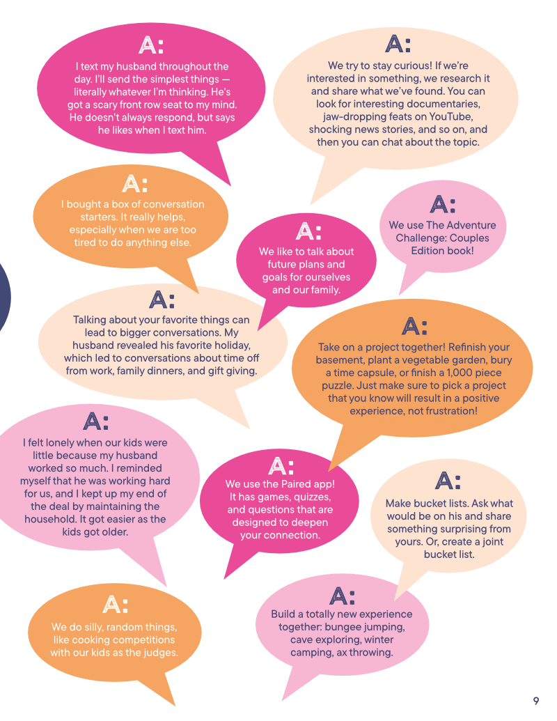 Colorful speech bubbles with relationship advice on communication, shared activities, curiosity, and creating bucket lists.