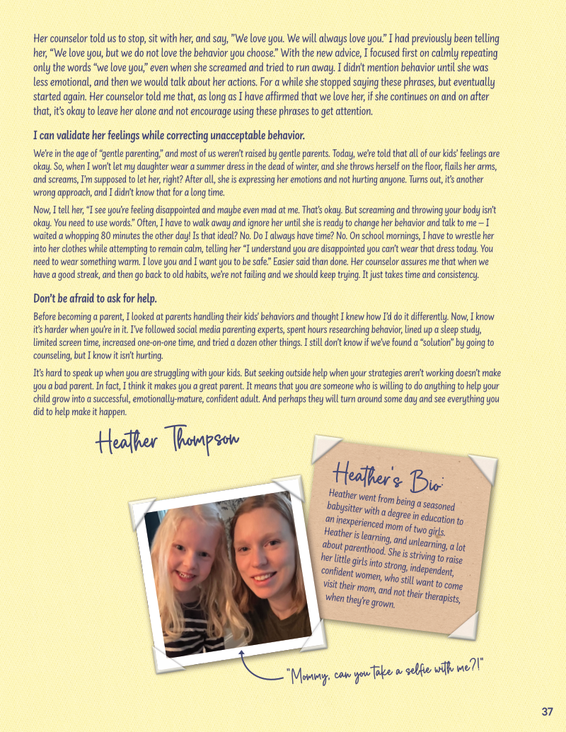 Page from a parenting advice article by Heather Thompson, featuring a story about behavior correction, gentle parenting, and seeking help. Includes a personal anecdote, a photograph of two females, and a short biography of Heather Thompson.
