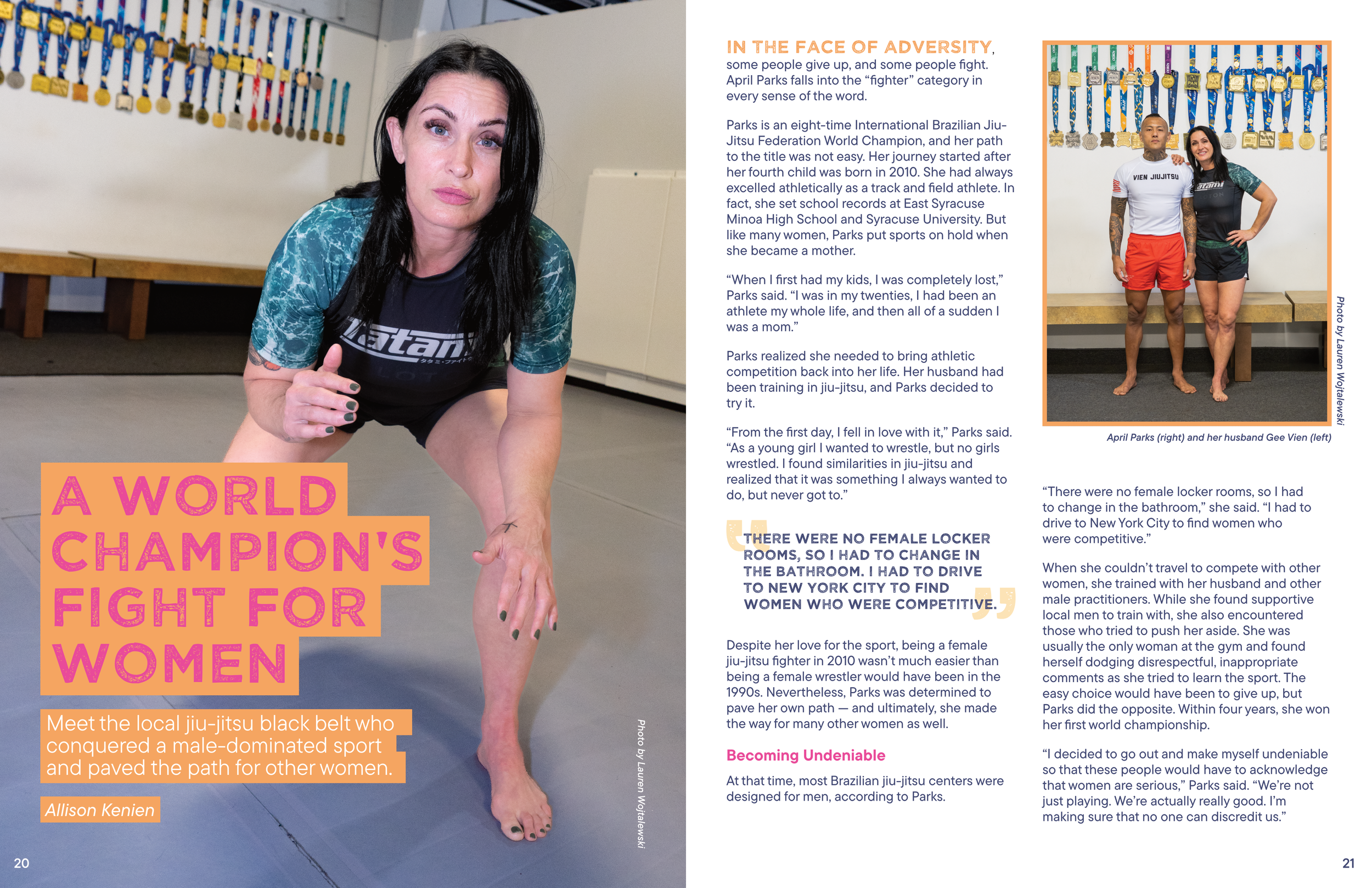 Magazine spread featuring a female jiu-jitsu champion. Left page shows her in a fighting stance next to the text "A World Champion's Fight for Women." Right page features a photo of her with her husband and text describing her journey overcoming chal