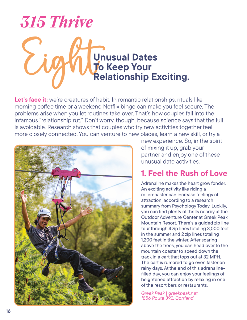 Promotional magazine page featuring article on unusual dates for couples, titled 'Eight Unusual Dates to Keep Your Relationship Exciting.' Includes text about engaging new activities, ziplining as a date idea, and an image of a person ziplining. Page