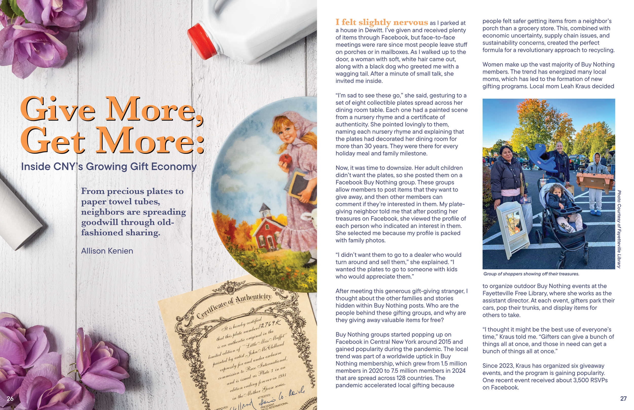 Magazine spread featuring an article titled 'Give More, Get More: Inside CNY’s Growing Gift Economy' discussing local gift-sharing through Buy Nothing groups. The left page has images of flowers, a paper towel roll, a milk jug, a painted plate, and a
