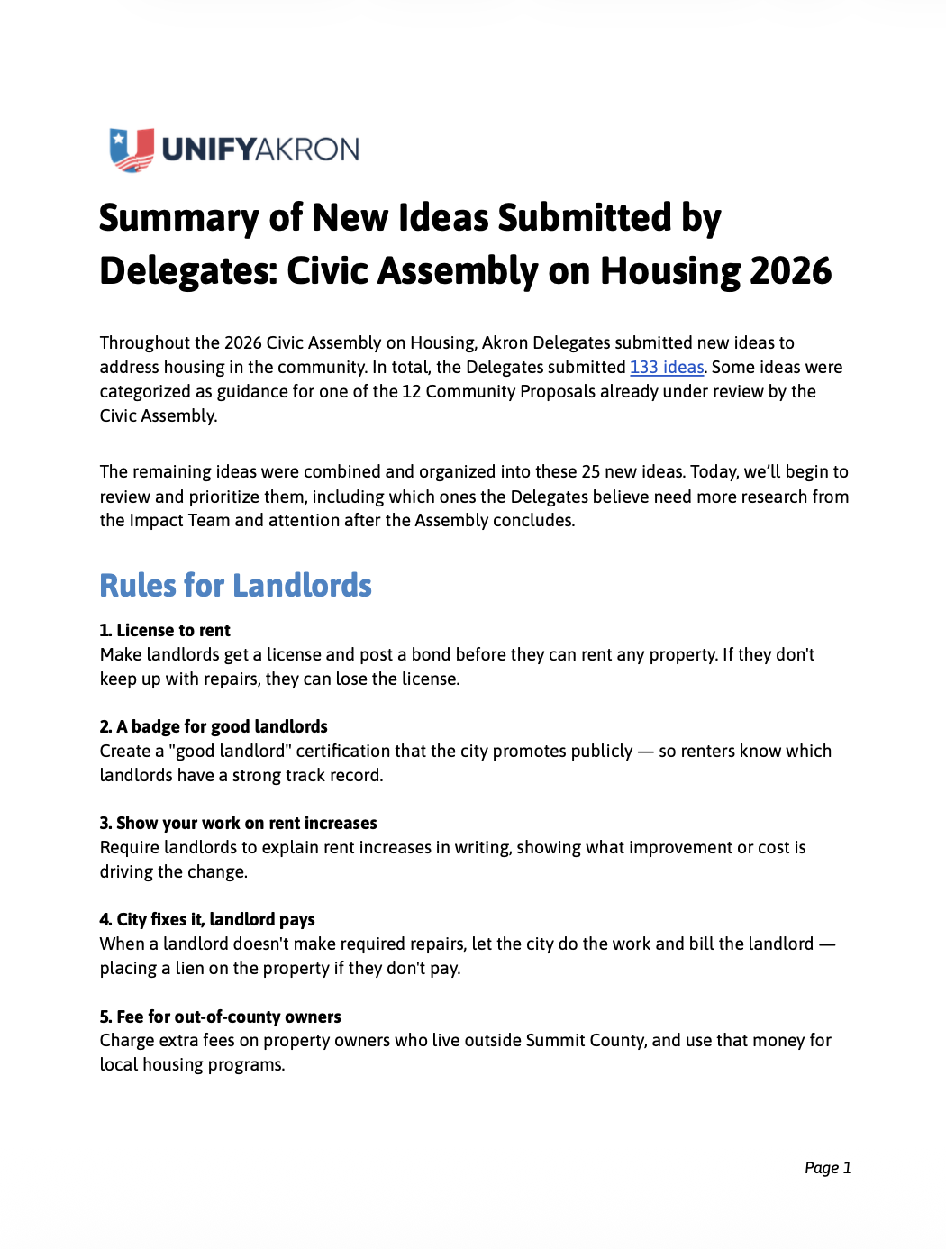 Summary of New Ideas from Delegates