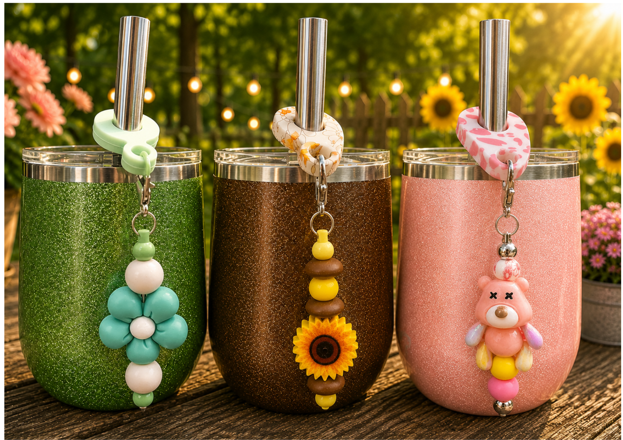 Three glittery tumblers on a wooden surface decorated with colorful silicone cup holders and beaded charms, set outdoors with sunflowers, pink daisies, and string lights in the background.