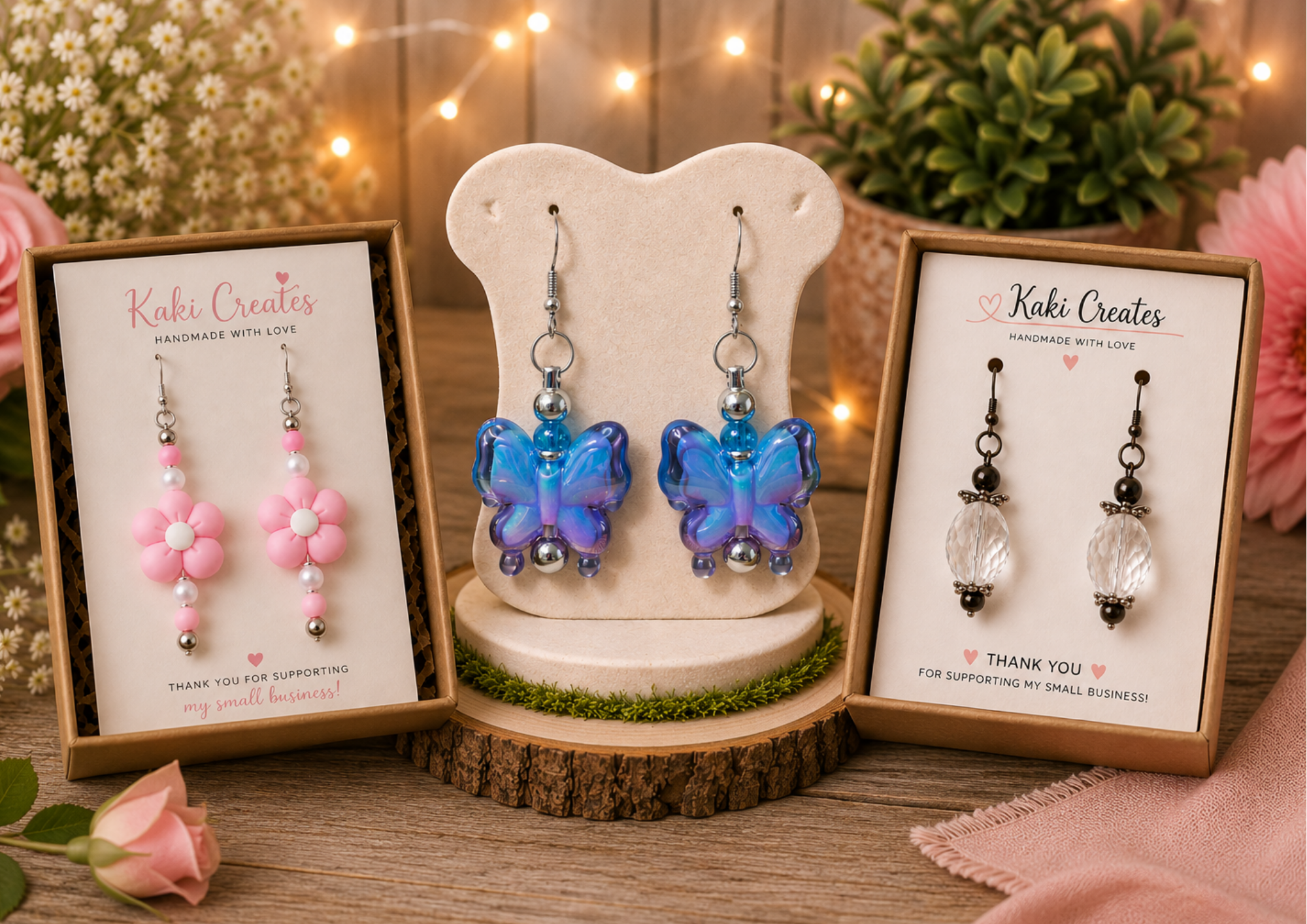 Display of handmade earrings from Kaki Creates, with pink floral and pearl designs on the left, butterfly-shaped blue and purple on the center, and black and clear crystal on the right. The background has soft warm lighting and pink and white flowers.