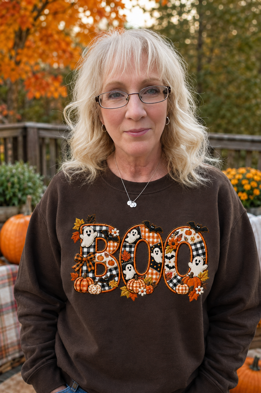 BOO checkered applique black shirt chocolate MODEL.png