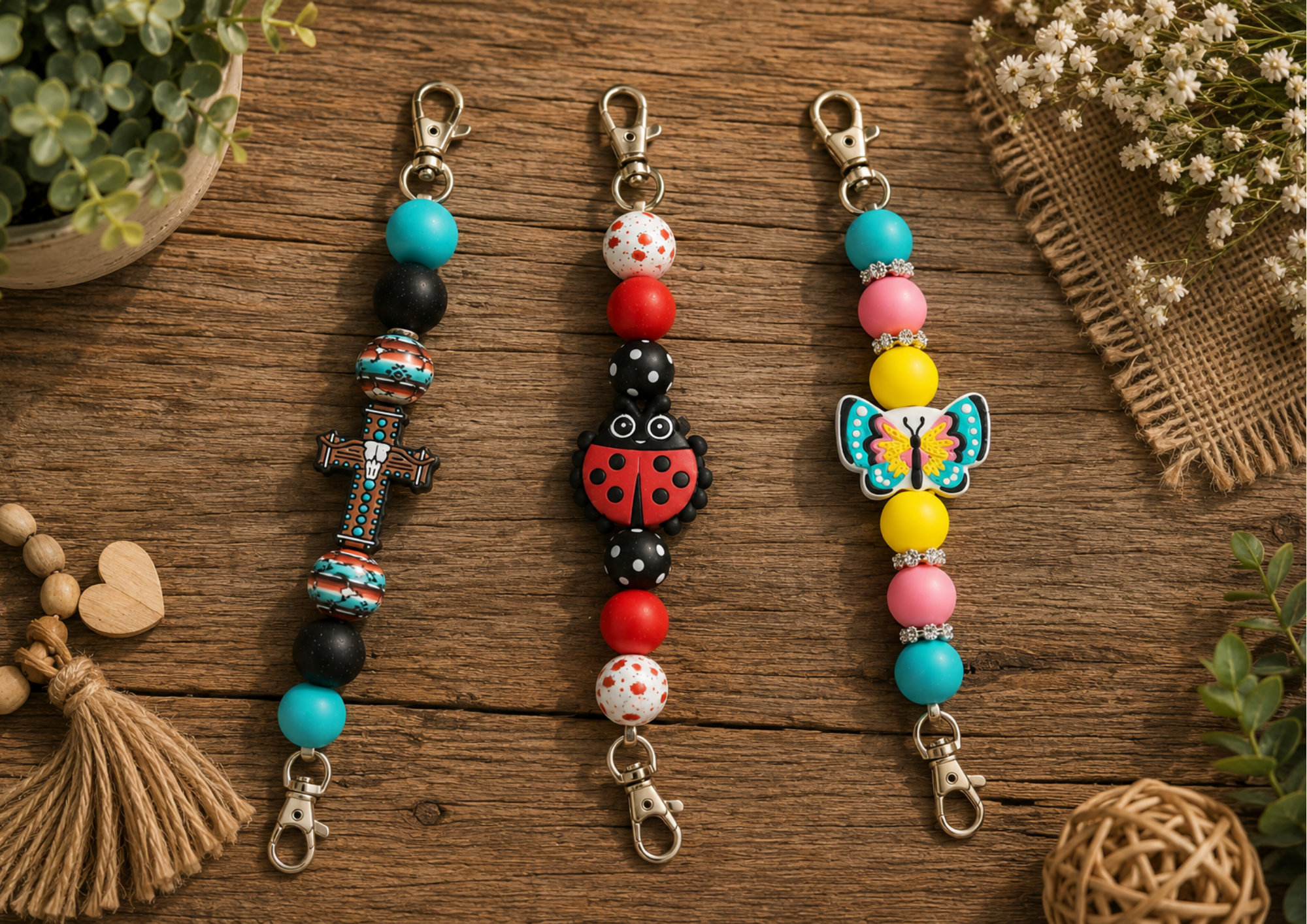 Colorful beaded straps with metal clips, featuring various charms like a cross, ladybug, butterfly, and decorative beads, arranged on a wooden surface with plants nearby.