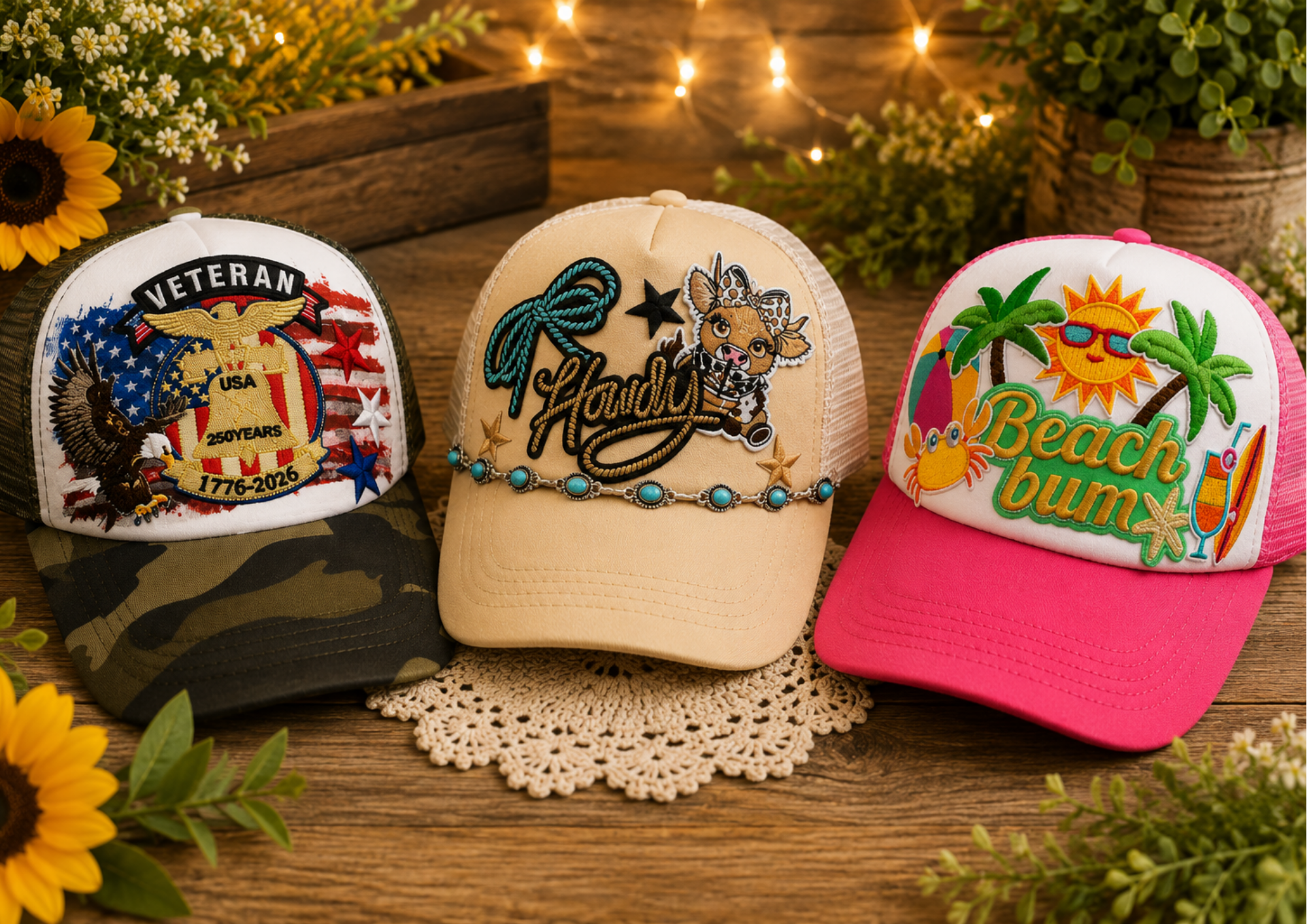 Three decorated caps with patriotic, animal, and beach themes displayed on a wooden surface surrounded by flowers and fairy lights.