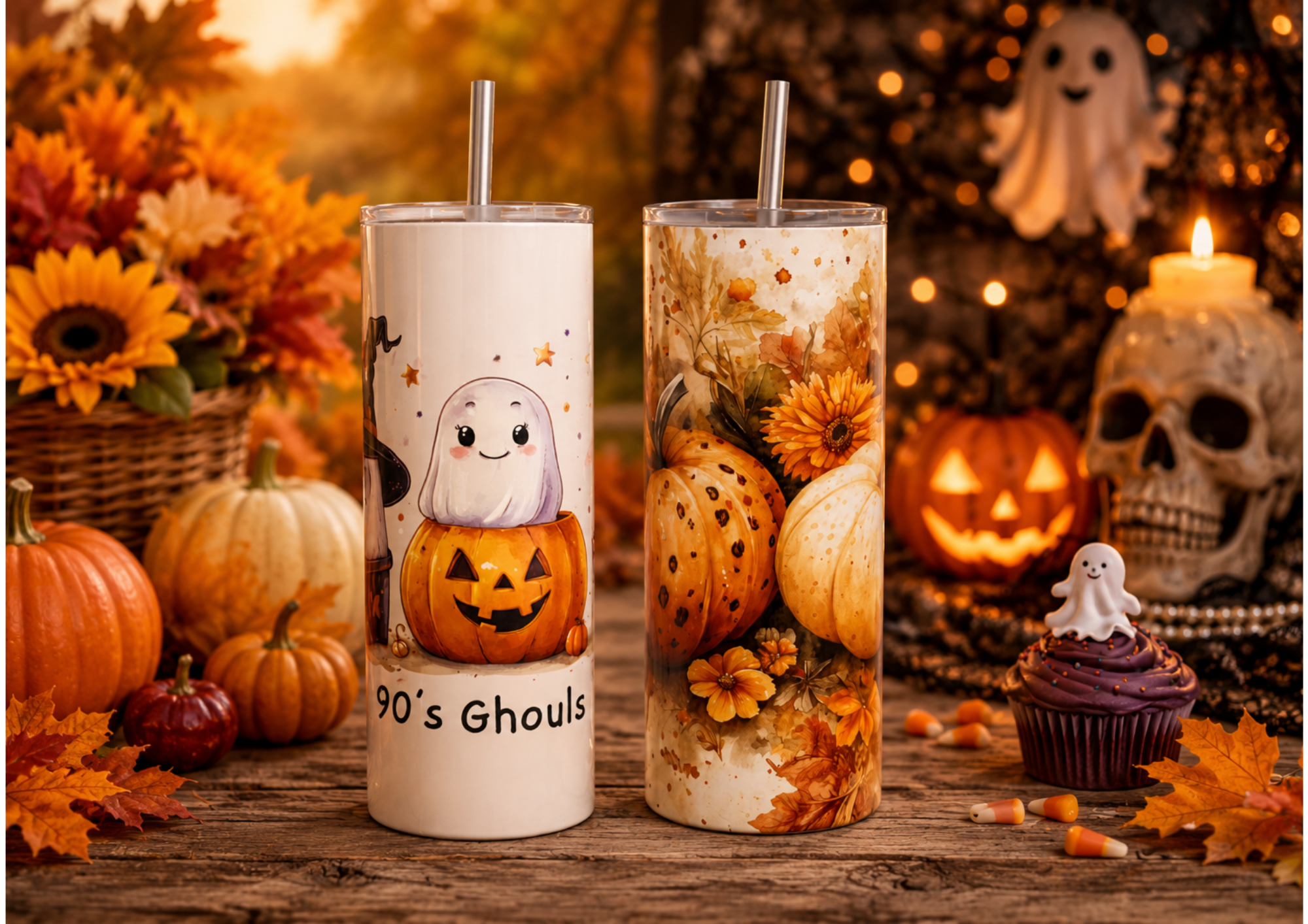 Two Halloween-themed glow sticks on a wooden surface surrounded by pumpkins, fall leaves, a pumpkin cupcake, a skull, a ghost decoration, and an orange candle with pumpkin faces in the background.