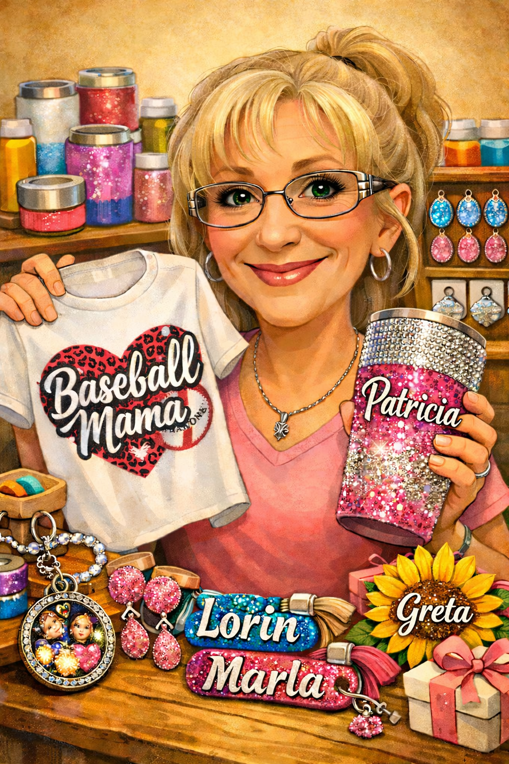 A woman with glasses and jewelry holding a pink glittery tumbler with her name 'Patricia' on it, standing in a craft or jewelry shop. She is smiling and surrounded by colorful jars, earrings, bracelets, a sunflower, and a gift box.