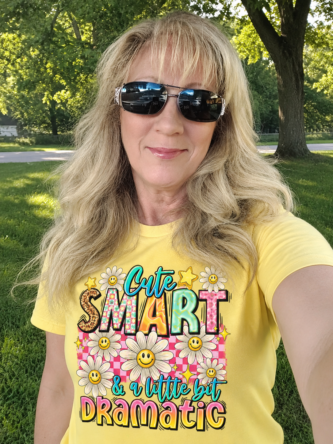 Cute smart & a little dramatic t shirt yellow model.png