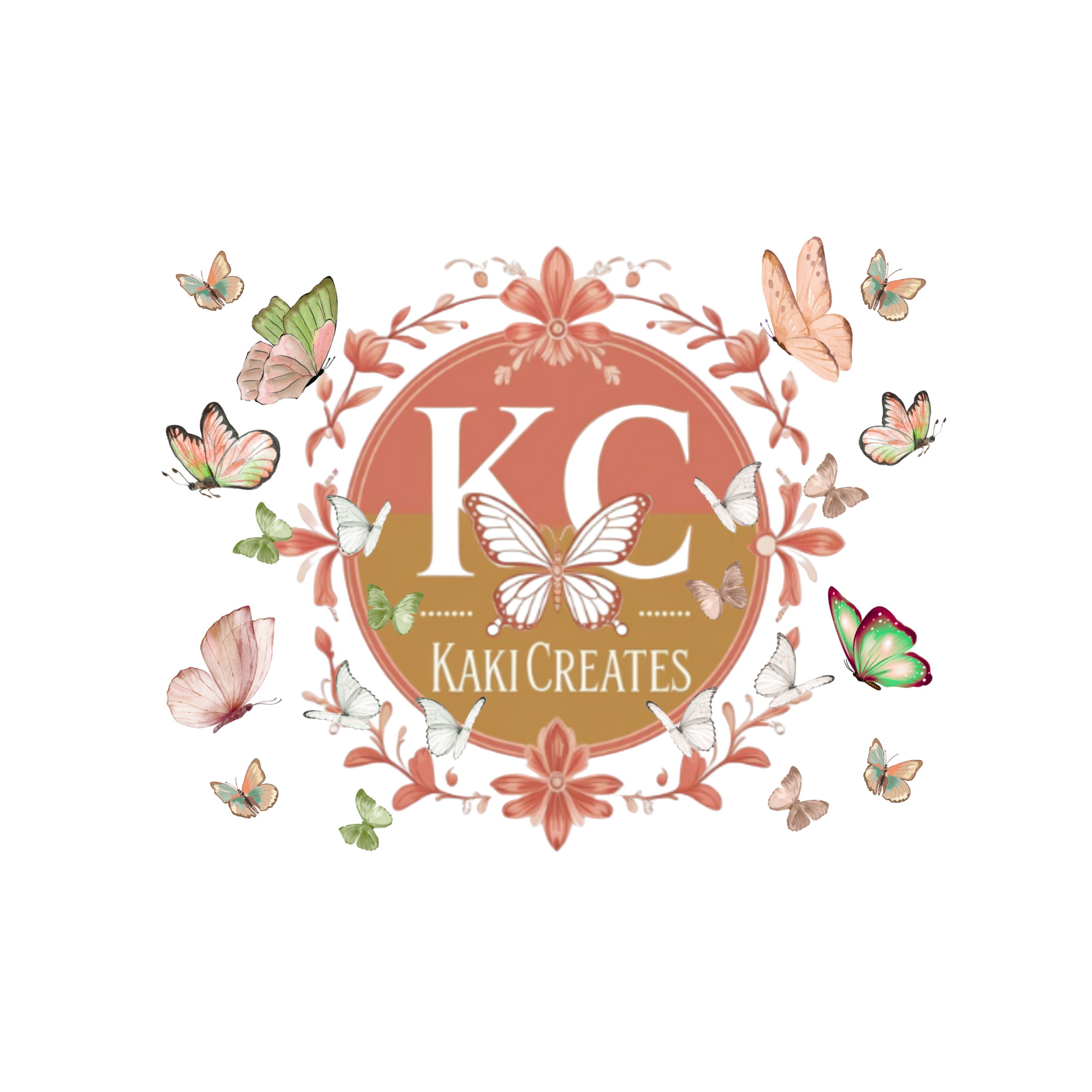 Decorative logo with the text 'Kaki Creates' surrounded by pink and green butterflies and floral elements.