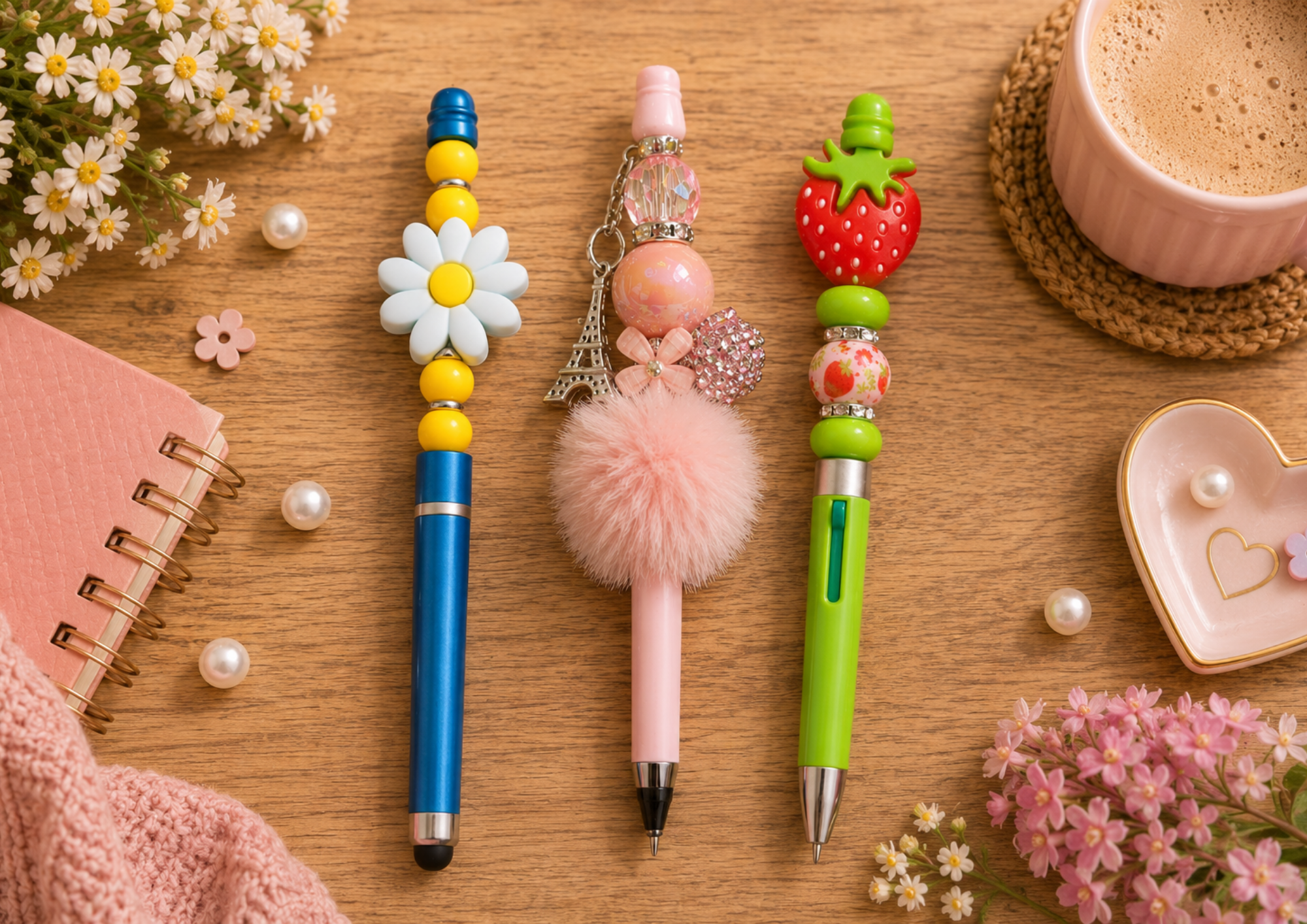 Colorful pens on a wooden surface surrounded by flowers, pearls, a pink notebook, a pink knitted cloth, and a cup of coffee.