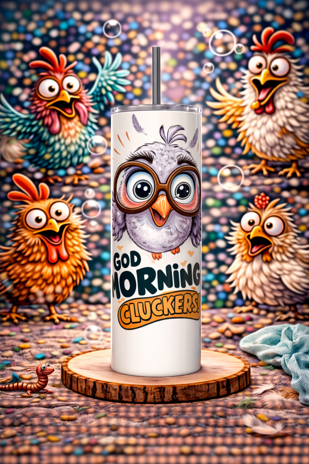 Good Morning Cluckers Funny Bird Tumbler Wrap Straight cup.png